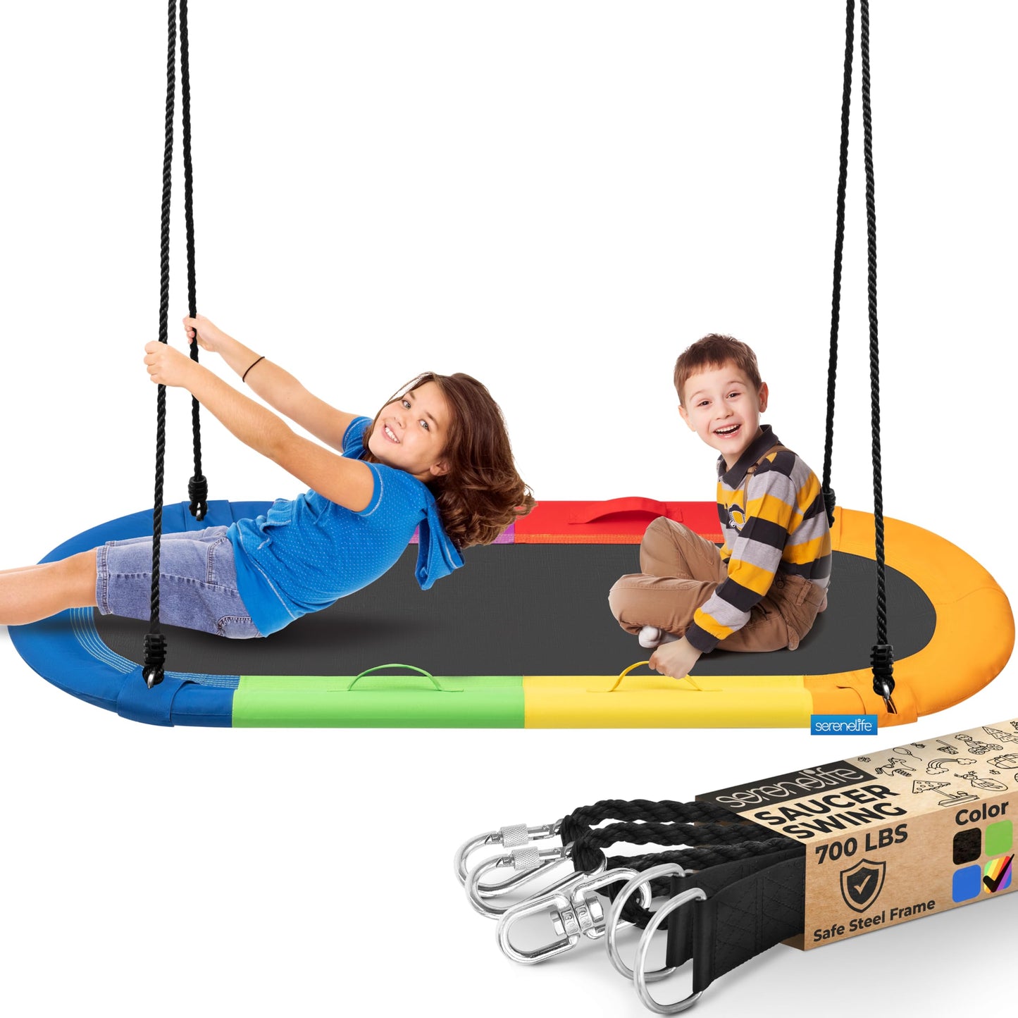 SereneLife 67" Oval Saucer Swing - Giant Outdoor Swing Set with Universal Hanging Kit, Swinging Seat Spinner with Carry Bag, Weatherproof, Water-Resistant, Supports Up to 700 lbs, Rainbow