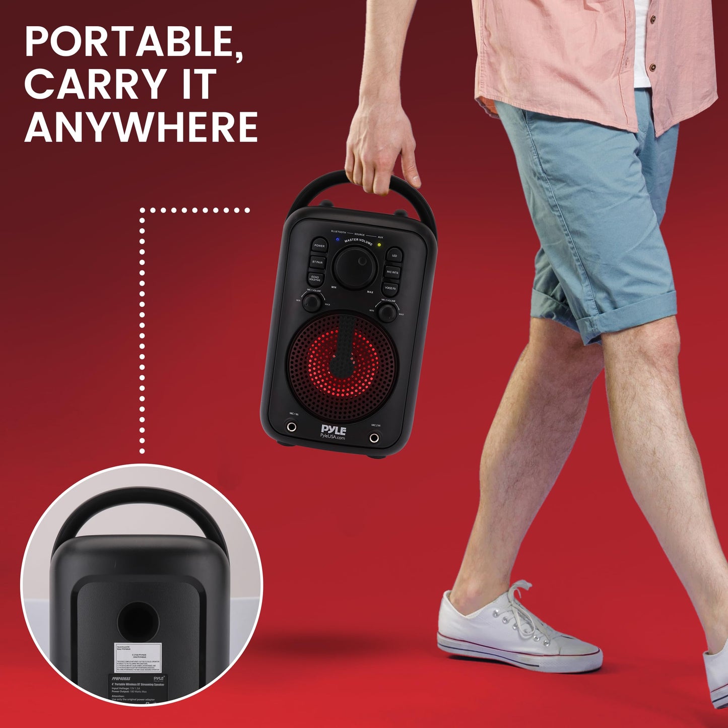 Pyle 4” Wireless BT Streaming Speaker - Portable Audio Speaker, with Two Microphones and Stand to Put Mobile Phone, 5.0 Bluetooth, Big Bass & Clear Sound, MP3, Classic Karaoke System