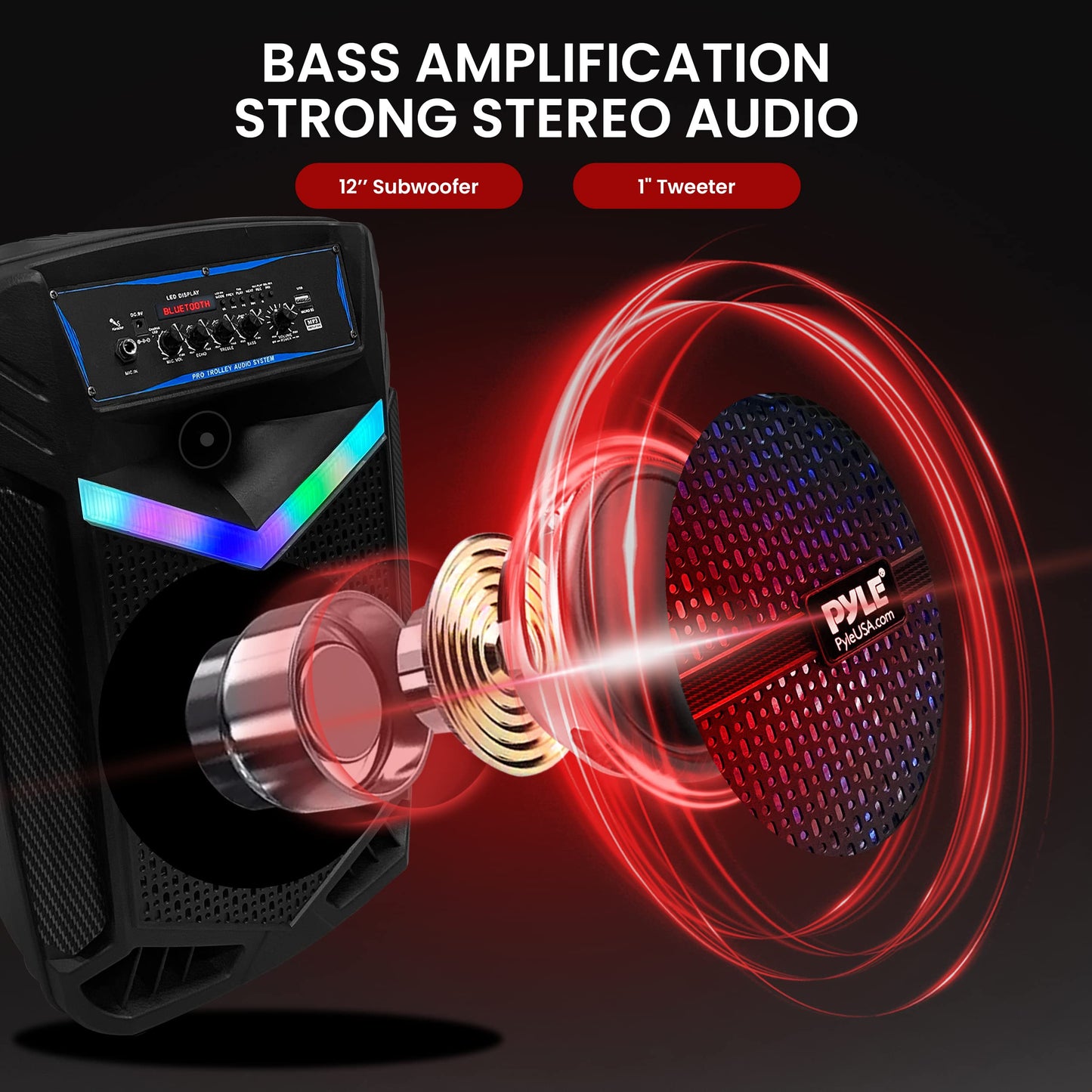 Pyle Portable Bluetooth PA Speaker System - 800W Rechargeable Outdoor Bluetooth Speaker Portable PA System w/ 12” Subwoofer 1” Tweeter, Recording Function, Mic In Party Lights USB/SD Radio- PPHP1242B
