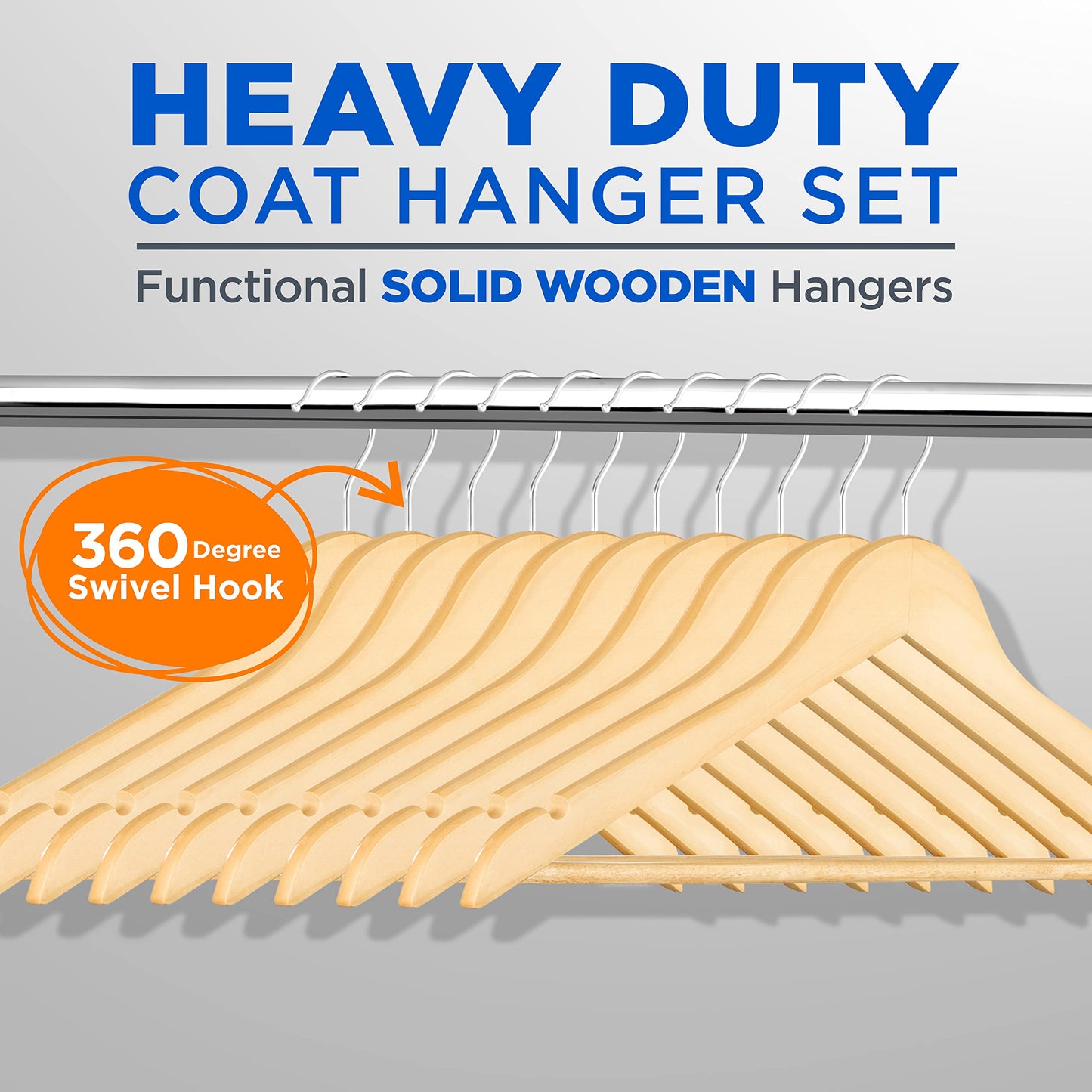 SereneLife 10-Pack Wooden Coat Hangers – Durable Suit Hangers with 360° Swivel Hook & Notches – Slim Design for Sweater, Shirts, Jackets, Dresses, and More