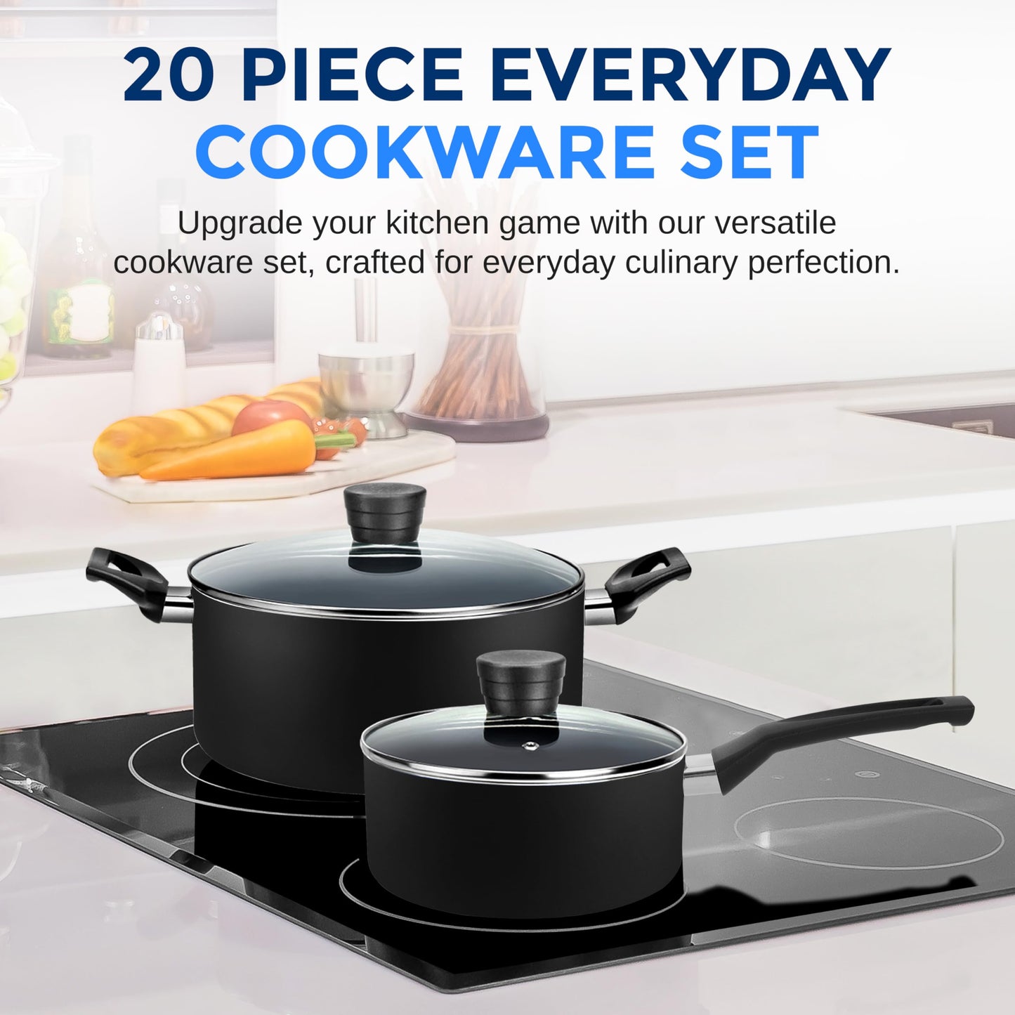 SereneLife Kitchenware Pots & Pans Basic Kitchen Cookware, Black Non-Stick Coating Inside, Heat Resistant Lacquer (20-Piece Set), One Size