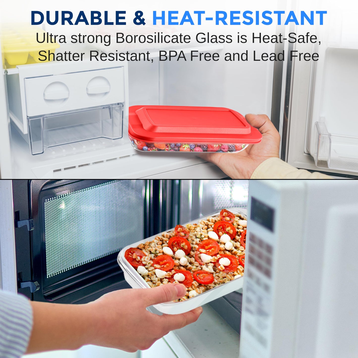 SereneLife 8-Piece Glass Baking Dish with Lids Set - ( 4 Heavy Duty Rectangular Glass Baking Pan with 4 BPA-Free Lids ), Oven-Safe Bakeware for Lasagna, Meats, Desserts - Dishwasher Safe, Red