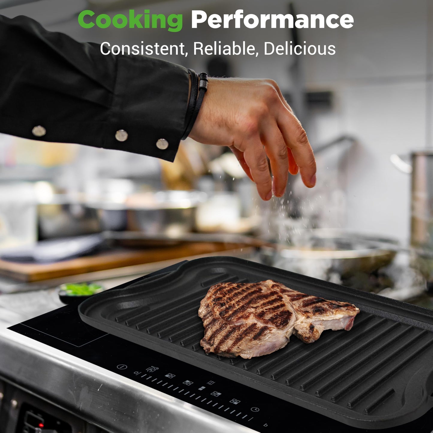 NutriChef Reversible Cast Iron Griddle – Flat & Grill Sides, Extra-Wide, Oven Safe, PFOA & PFOS Free, Compatible with Multiple Stovetops
