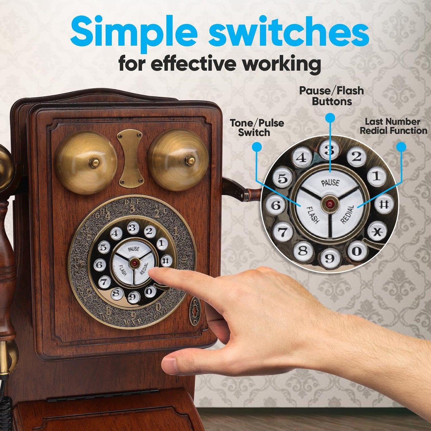 Pyle Vintage Classic Wall-Mount Corded Phone – Retro Design with Crank Handle, Tone/Pulse Switch, Redial Function, Handcrafted Wood & Veneer, Antique Landline Telephone