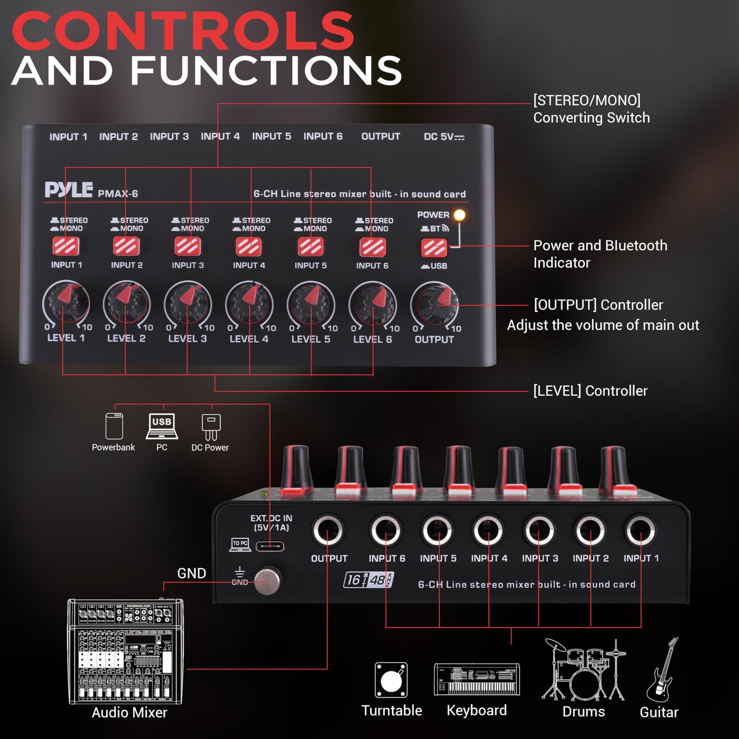 Pyle 6-Channel Wireless BT Streaming Mini Line Mixer with USB Audio Interface - 6 Mono/Stereo Switching Inputs | Ultra-low Noise Design with High Headroom | Built-in USB Sound Card - PMAX6
