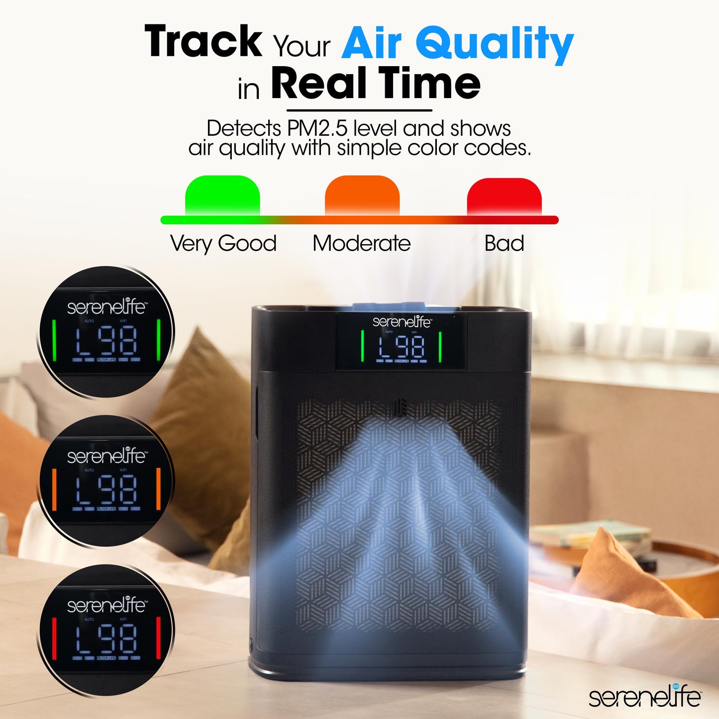 SereneLife HEPA Air Purifier for Home – Smart WiFi & App Control, Ultra-Quiet Air Purifier for Bedrooms & Large Rooms, Removes Dust, Pet Hair & Odors, Ideal for Pets & Allergies (1,076 Sq Ft, Black)