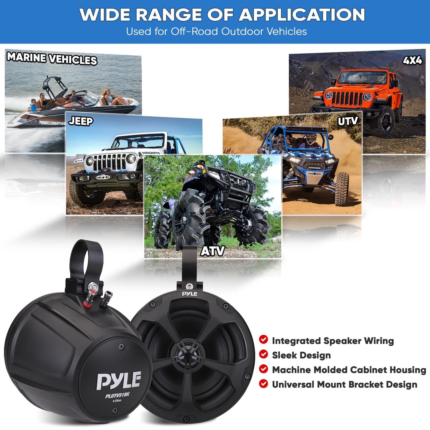 Pyle 2-Way Dual Waterproof Off-Road Speakers - 5.25 Inch 1000W Marine Grade Wake Tower Speakers System, Full Range Outdoor Audio Stereo Speaker for ATV, UTV, Quad, Jeep, Boat - Pyle PLUTV51BK,Black
