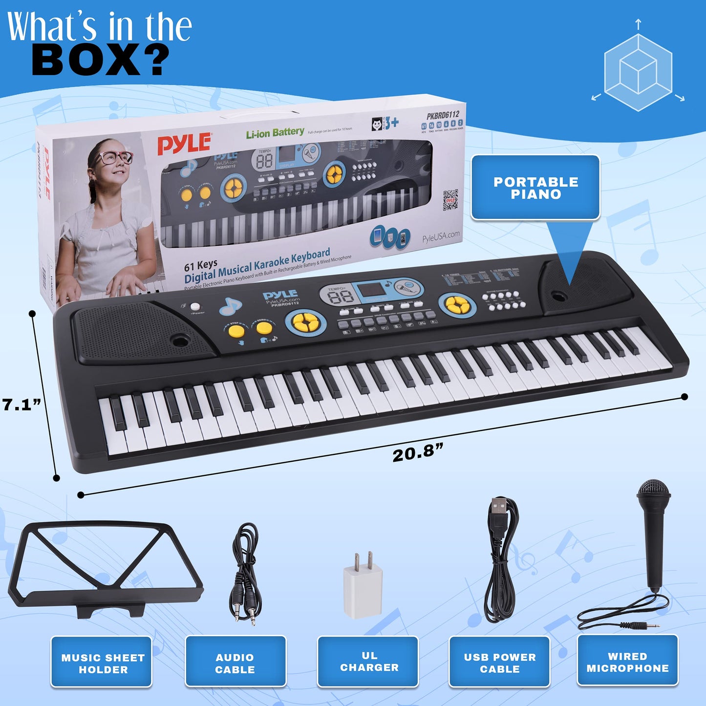 Pyle, Electric Keyboard 61 Keys-Portable Digital Musical Karaoke Piano Keyboard-10 Rhythms 16 Tones, Stereo Speakers, Rechargeable Battery-Wired Microphone-Beginners Kids (PKBRD6112), Compact