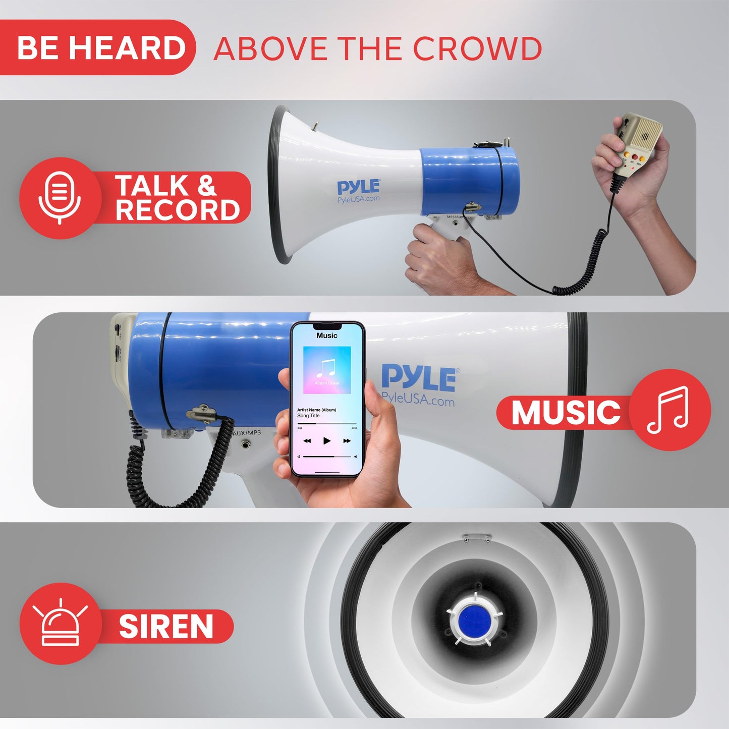 Pyle 50W Megaphone Bullhorn Speaker with Built-in Siren, Rechargeable Battery, 10-Second Record Function, Loud & Clear Sound for Sports Fans, Coaches, Cheerleading, or Safety Drills (PMP59IR)