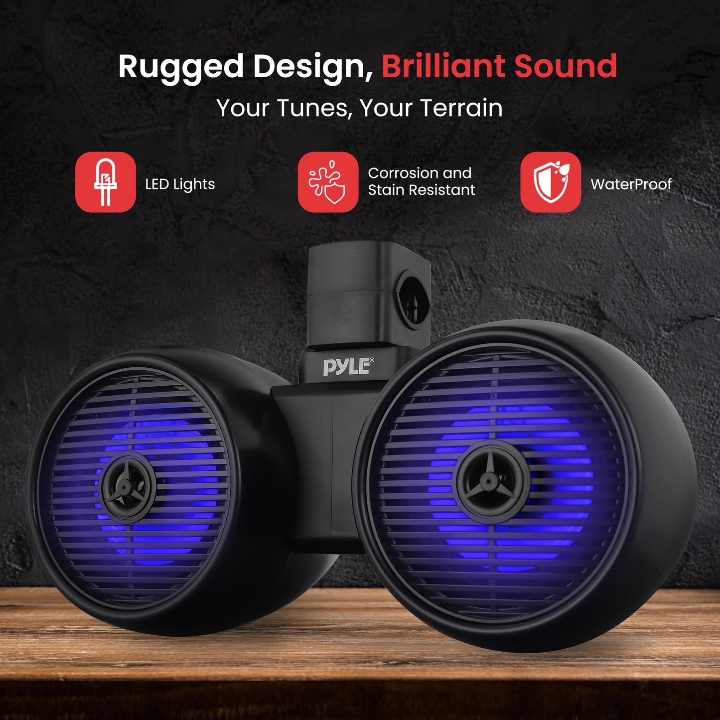 Pyle Dual Bluetooth Off-Road Speakers - 6.5” 200W 2-Way Marine Waterproof Wakeboard Tower Sound System w/LED Light, Full Range Outdoor Stereo Speaker for Car ATV Jeep Boat, Includes Brackets (Black)