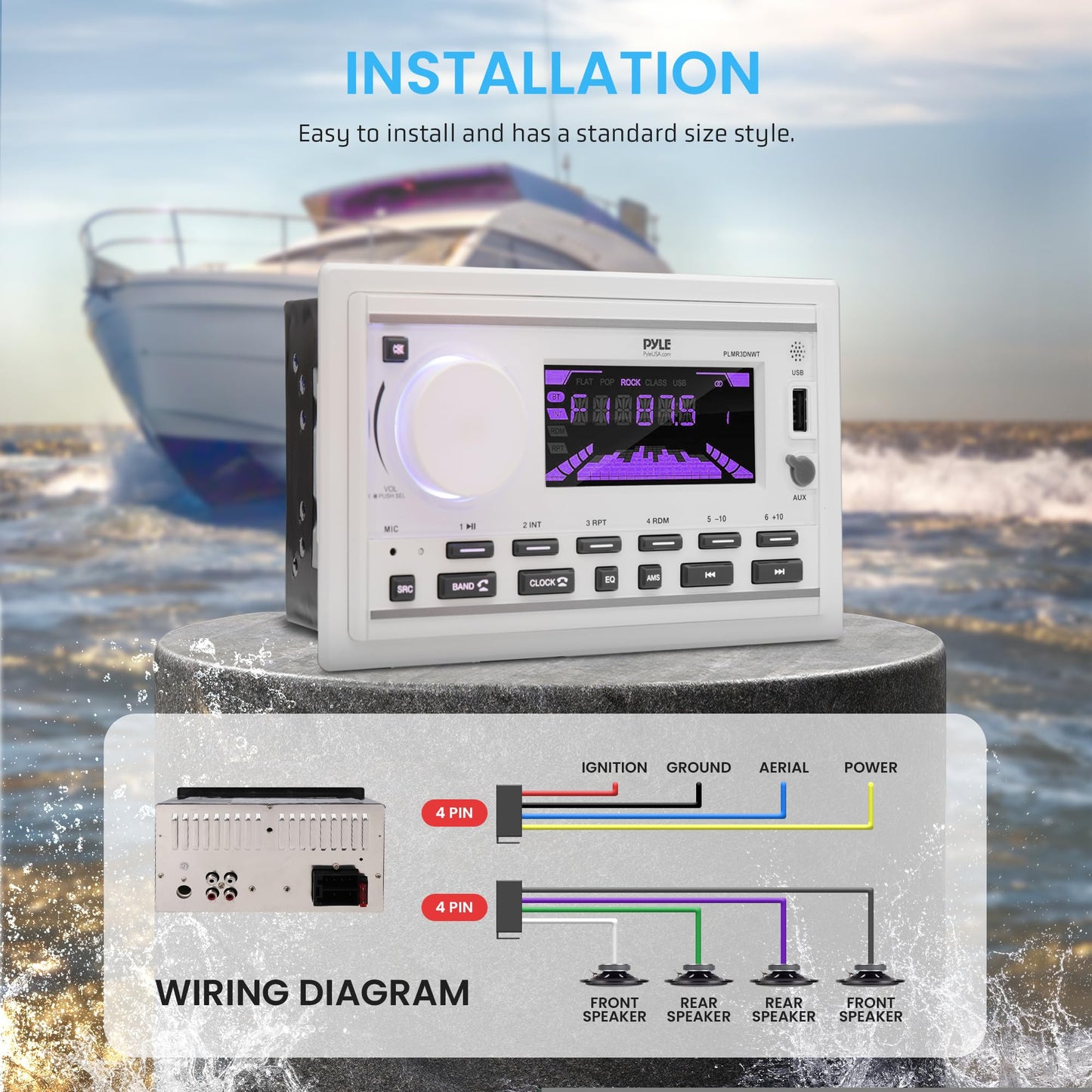 Pyle Boat Bluetooth Marine Stereo Receiver-Marine Head Unit Double DIN Stereo Receiver Power Amplifier&Speaker Kit-Hands-Free Calling,AM/FM/MP3/BT/USB/AUX-Remote,Speakers-Pyle PLMR3DNWT(White)