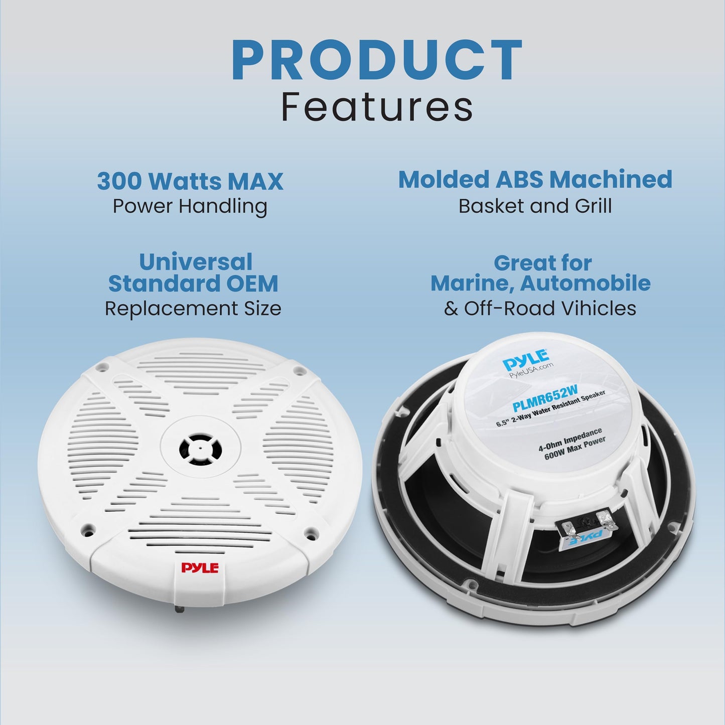Pyle 6.5 Inch Marine Speakers (Pair) - 2-way IP-X4 Waterproof and Weather Resistant Outdoor Audio Dual Stereo Sound System with 600 Watt Power and Low Profile Design - Pyle PLMR652W (White)
