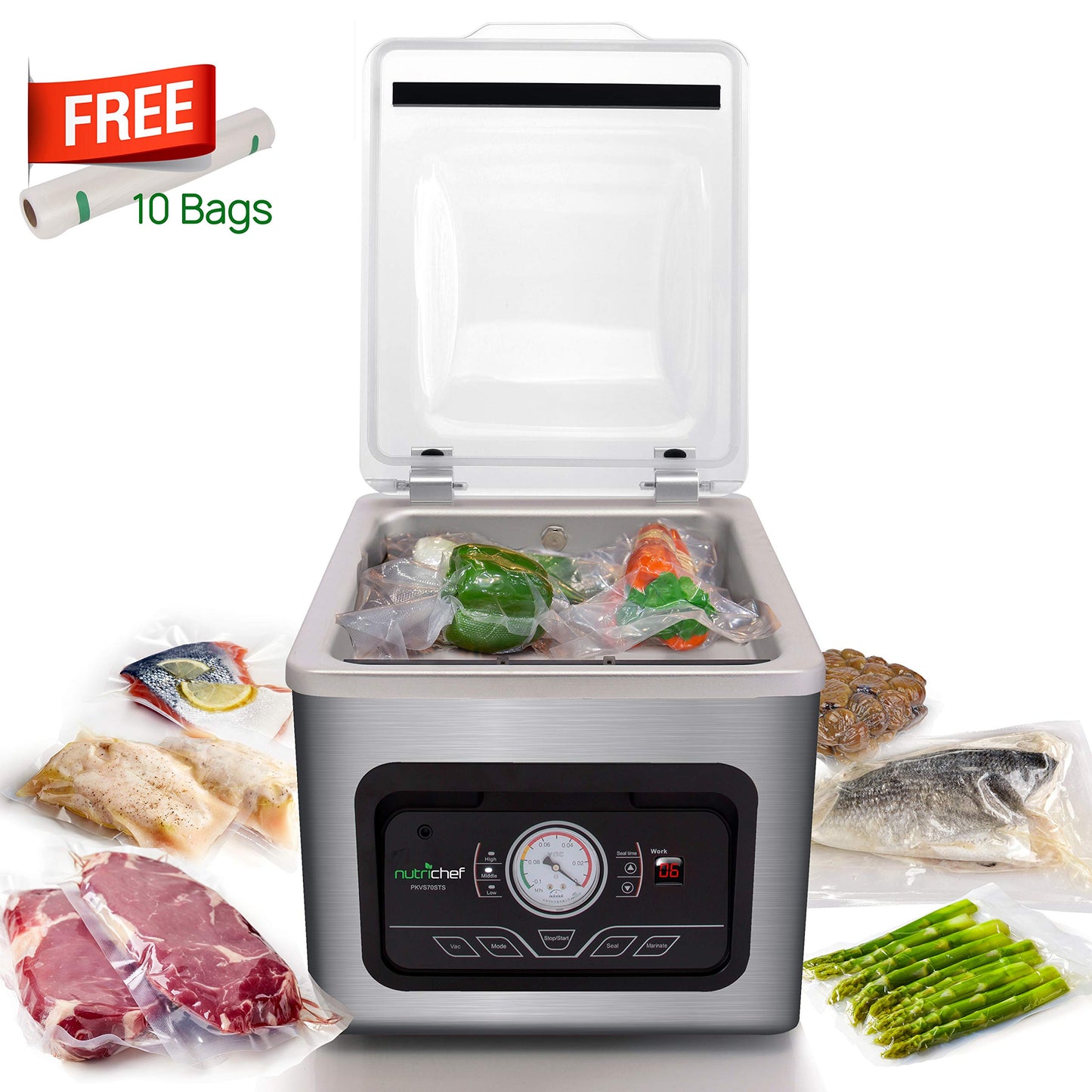 NutriChef Food Saver Vacuum Sealer Machine-Compact 350W Sous Vide Vacuum Sealer with 8L Chamber-Airtight Food Storage System for Home & Commercial Use, Includes Vacuum Sealer Bags, Rolls & Accessories