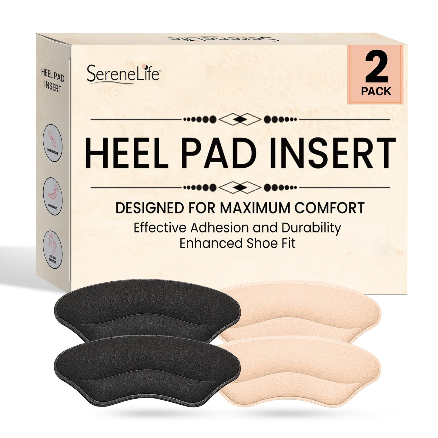 Serenelife Heel Pad Shoe Insert - 2 Pairs of Shoe Pad Inserts for Men & Women's Shoes, Dress Shoes, High Heels & Sneakers - Soft & Comfortable - Strong Adhesive for Lasting Adhesion - Black & Apricot