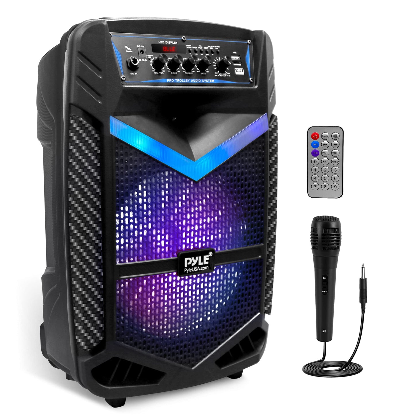Pyle Portable Bluetooth PA Speaker System - 600W Rechargeable Outdoor Bluetooth Speaker Portable PA System w/ 10” Subwoofer 1” Tweeter, Recording Function, Mic In Party Lights USB/SD Radio