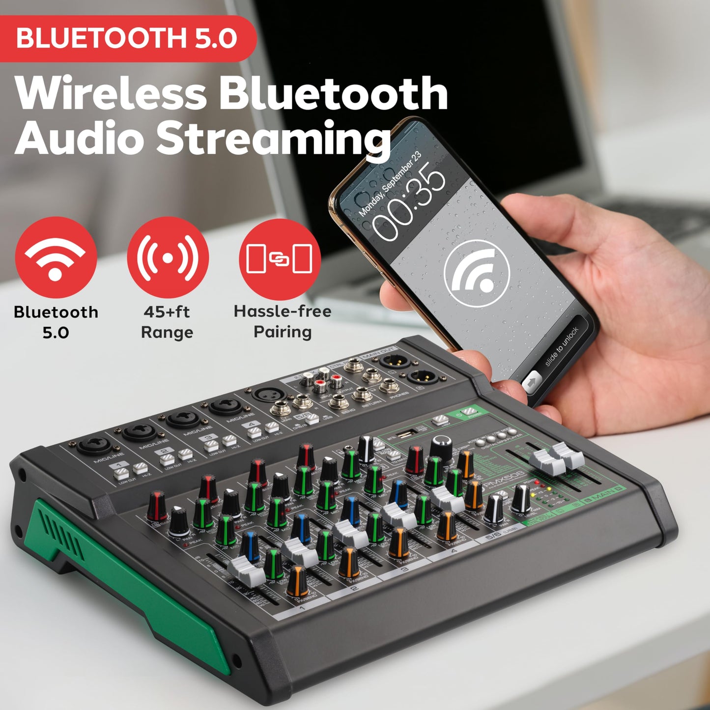 Pyle 8-Channel Audio Mixer - Bluetooth 5.0 Studio Mixer/DJ Controller with Digital Effects - USB Interface - MP3 Compatible - XLR Inputs and LED Display - Audio Mixing Sound Board System - PMX508