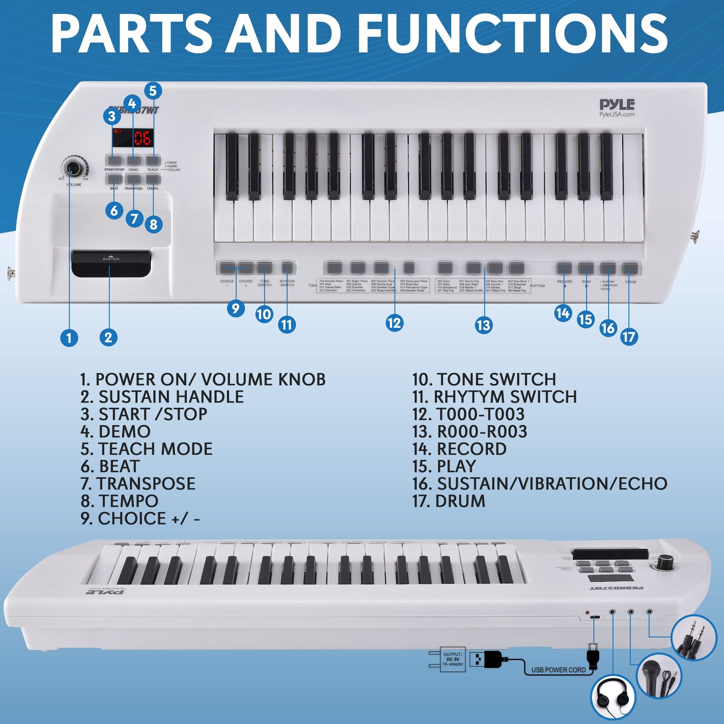 Pyle Electric Piano, 37-Key Music Keyboard, Built-in Stereo Speakers, Rechargeable Battery, Wired Microphone, Portable Design, Tones, 200 Rhythms (PKBRD37WT)
