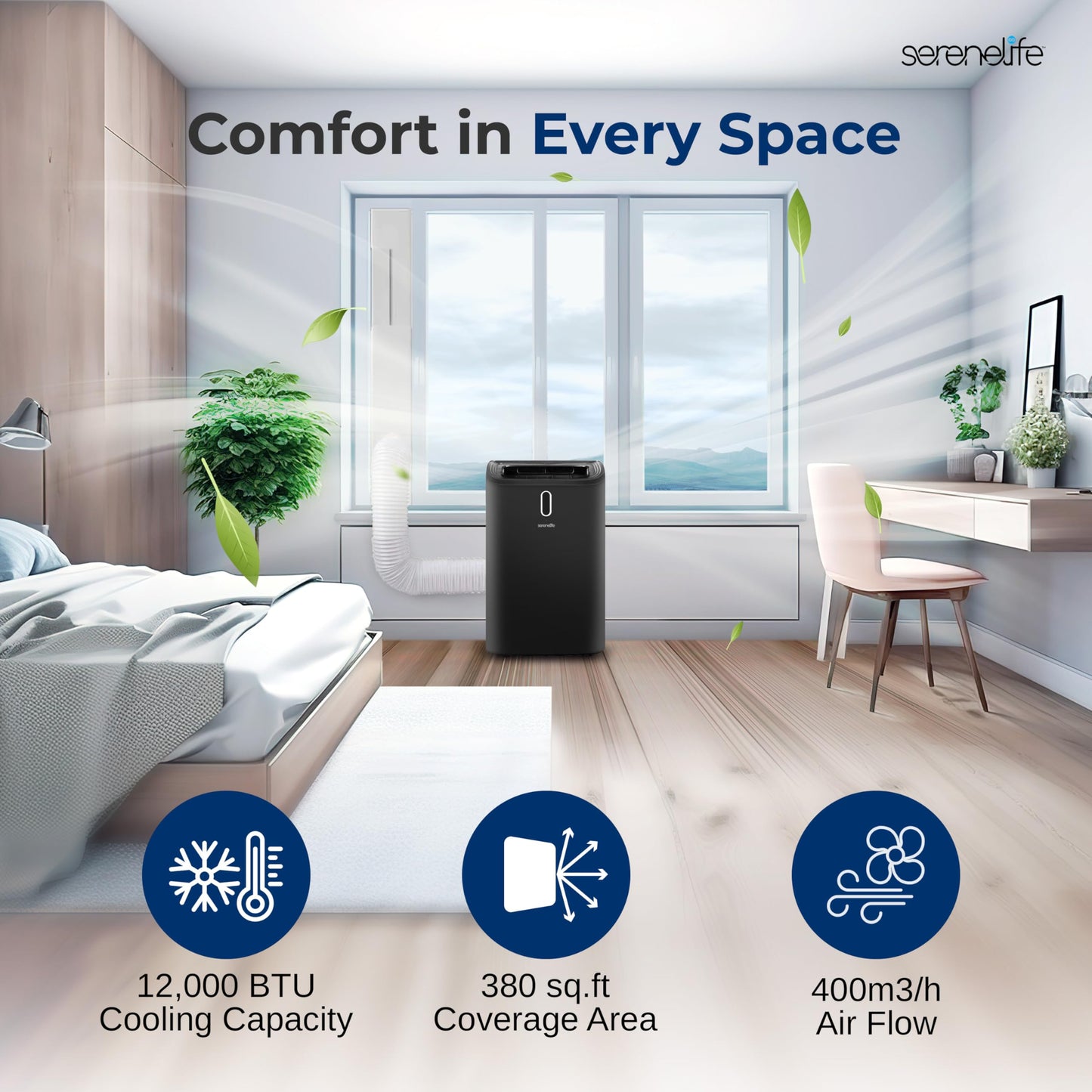 SereneLife SLPAC242B Portable Air Conditioner-12000 BTU Capacity (ASHRAE) Compact Home A/C Cooling Unit with Built-in Dehumidifier & Fan Modes, Includes Window Mount Kit (Black), Stadard