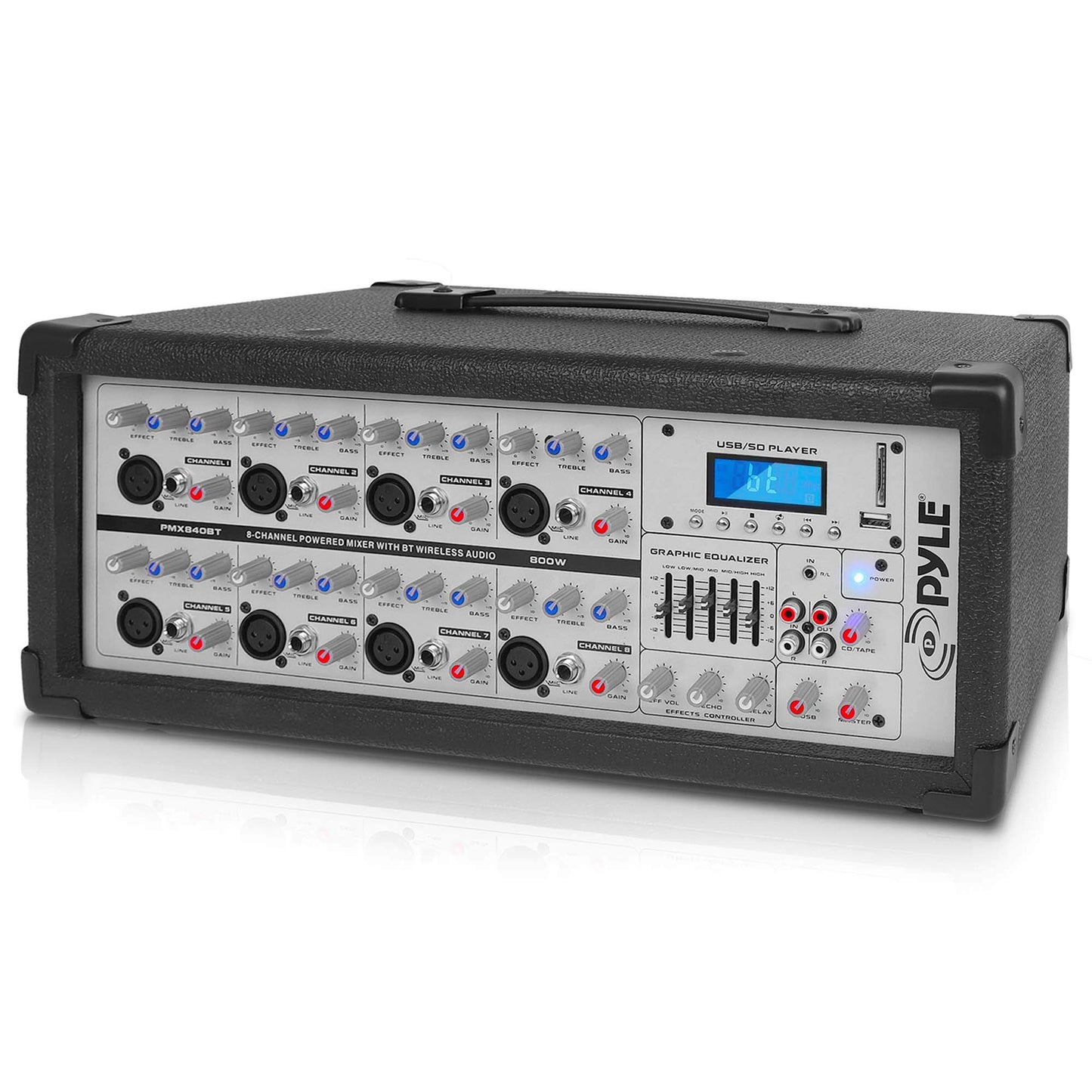 Pyle 800W Bluetooth Stage Powered Mixer - 8-Channel Pro Audio Sound System with MP3/USB/SD Readers - RCA/1/4” Effects Loop - Aux Input - Digital LCD Display - Built-in Cooling Fan - PMX840BT