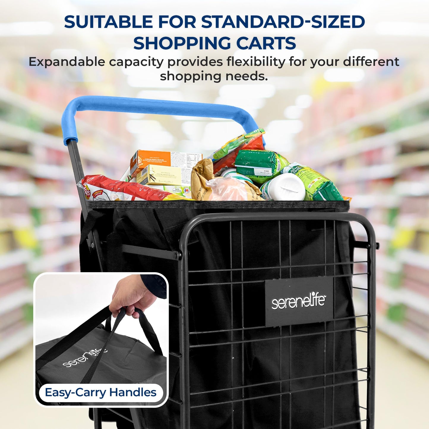 SereneLife Removable Shopping Cart Liner - 12.60" x 15.35" x 19.50" Waterproof and Tear-Resistant, 600D Oxford Fabric for Groceries, Laundry, Luggage, Works Great with Foldable Shopping Carts