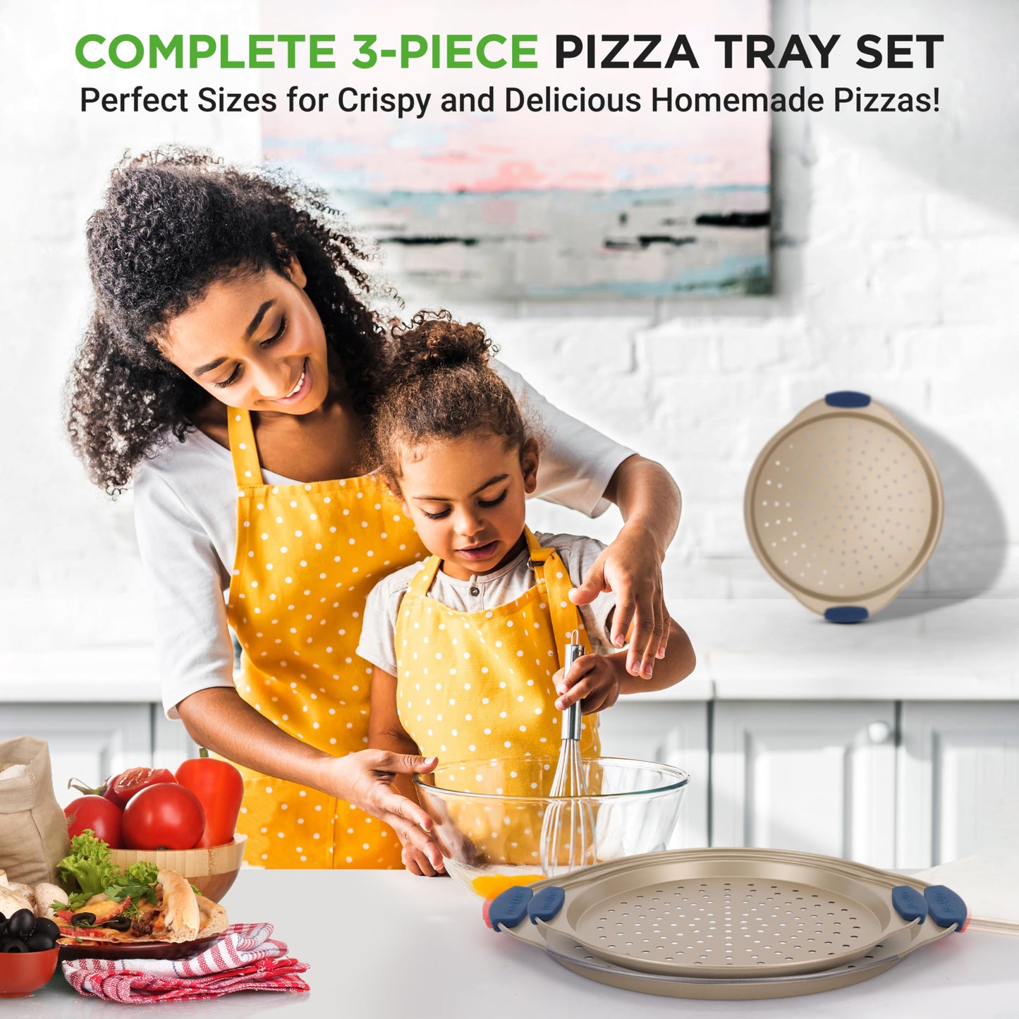 NutriChef 3-Piece Pizza Tray Set with Silicone Handles - Round Nonstick Pizza Pan with Perforated Holes, Durable Carbon Steel, Small, Medium, Large Sizes - Ideal for Crispy, Evenly Baked Pizzas (Gold)