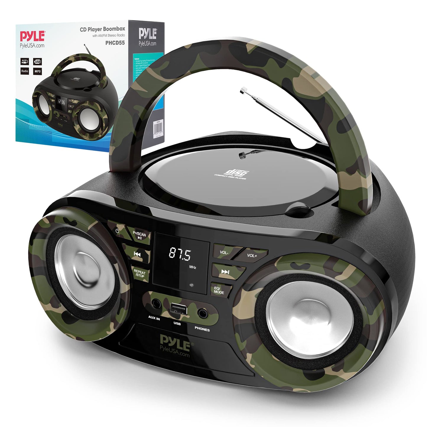 PYLE CD PLAYER PORTABLE, CD PLAYERS FOR HOME, PORTABLE CD PLAYER - 50 Watts Max Power, Bluetooth 5.0, AM/FM Stereo Radio, USB/AUX Input, Battery/AC Powered, Camouflage Design, Includes AC/DC Cord