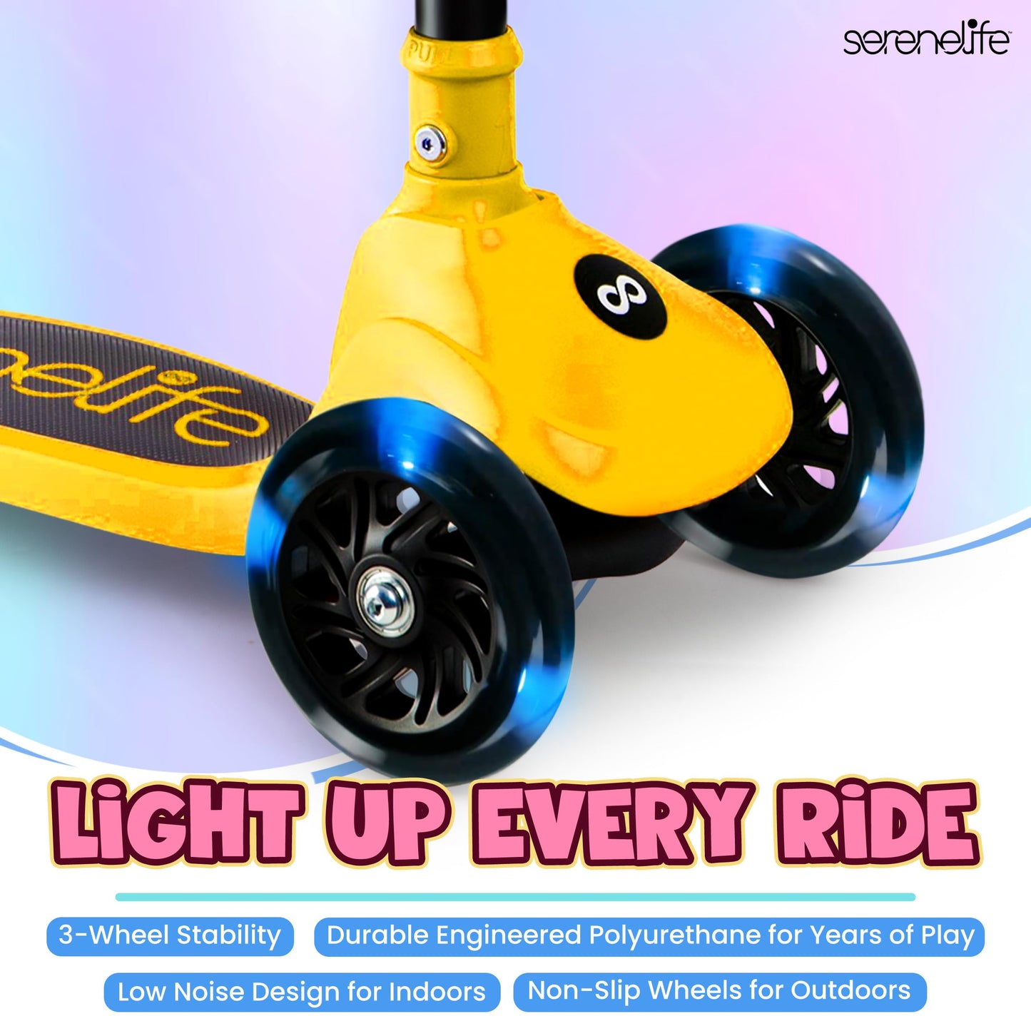 SereneLife 3 Wheel Foldable Kids Scooter - Foldable Seat, LED Wheel Lights, Adjustable Handlebar, Rear Foot Brake, Lean-to-Steer, Anti-Slip Deck, Ideal for Toddlers Kids 3+, up to 110Lbs, Yellow