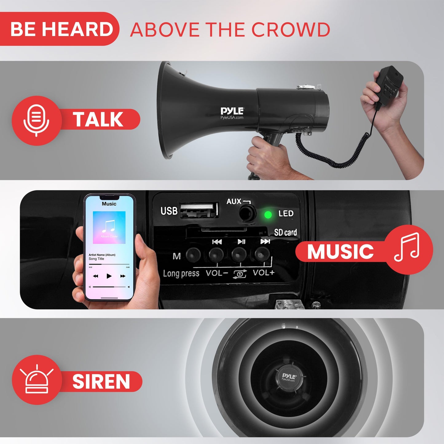 Pyle 100-Watt Square Megaphone Bullhorn, Lightweight and Portable Loudspeaker Horn with Aux (3.5mm) Input for MP3/Music, Automatic Siren, Whistle, MIC/Talk (Black), 1500 Square Yards Projection Range