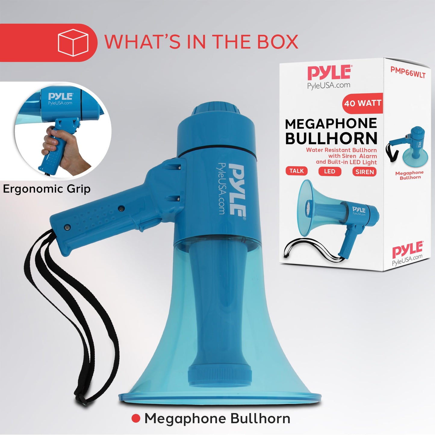 Pyle Compact and Portable Mega Phone Speaker - 40W Waterproof Bullhorn with Alarm Siren, Adjustable Volume, LED Flashlight, and AA Battery Power - Indoor/Outdoor Use for Cheering at Football Games