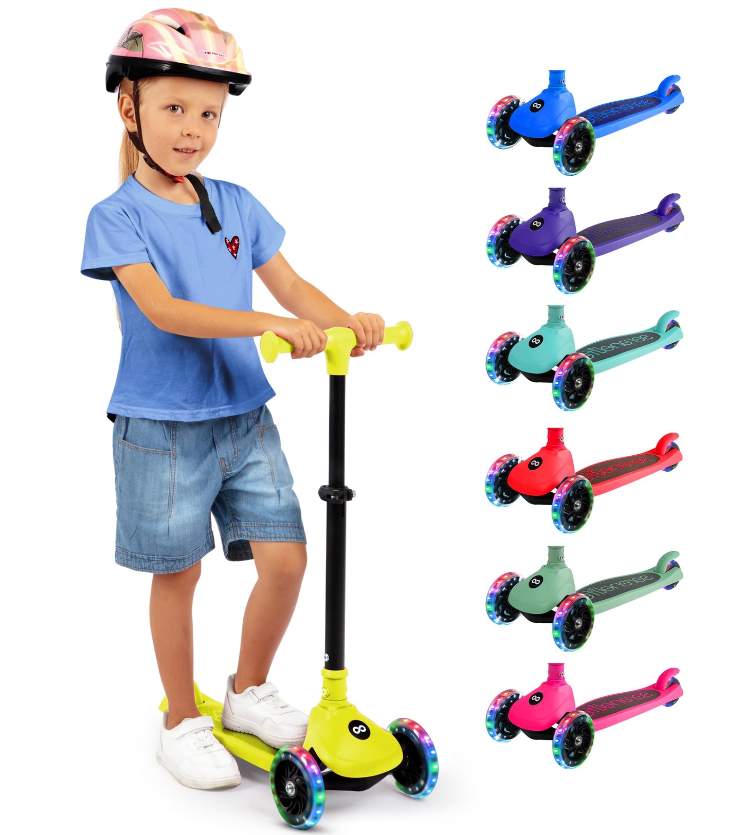 SereneLife 3-Wheel Foldable Kids Scooter – LED Wheel Lights, Adjustable Handlebar, Rear Foot Brake, Lean-to-Steer, Anti-Slip Deck – Ideal for Toddlers & Kids 3+, up to 110 lbs