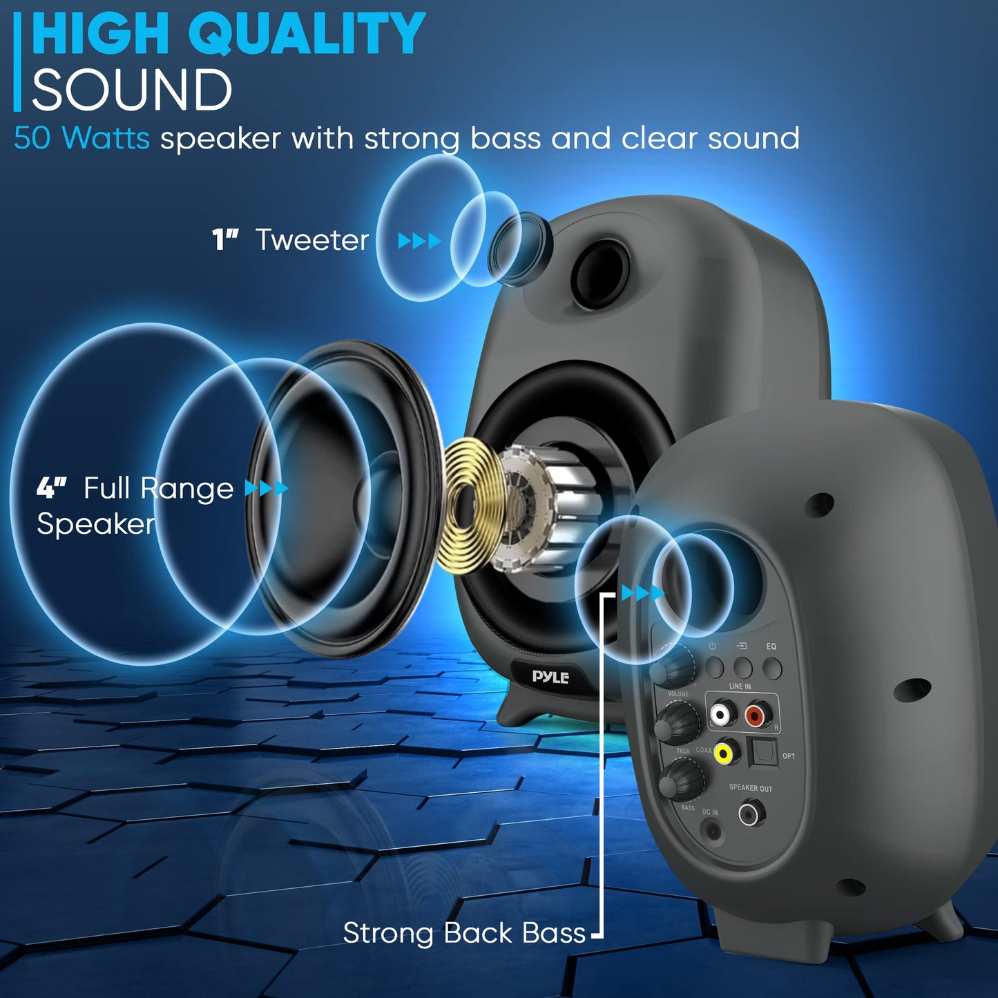 PyleUsa HiFi 60W Powered Bluetooth Bookshelf Monitor Speaker Set, Optical RCA Input, Bass/Treble Adjustable,Deep Bass, 3 Audio Mode,Studio Computer Desk Stereo System,Remote Control,Black - PBKSR40