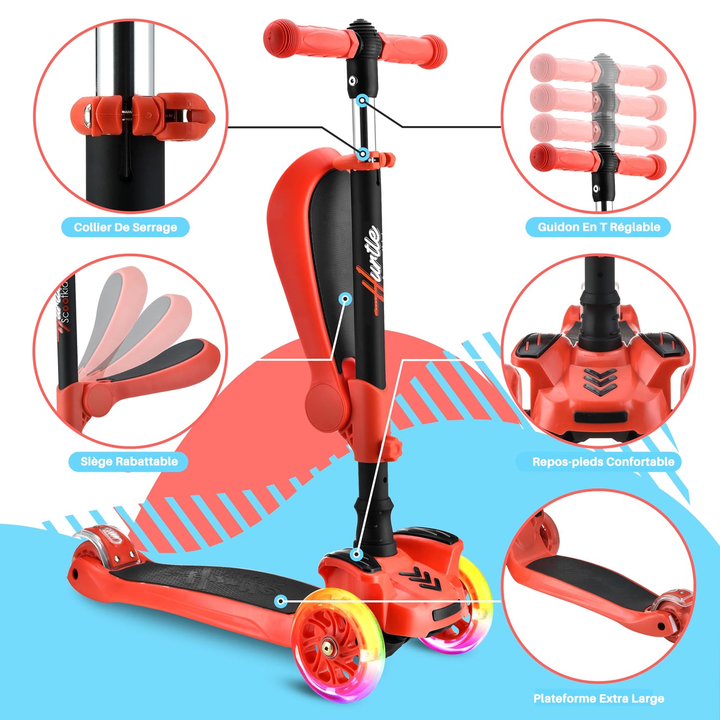 Hurtle 6 Wheeled Scooter for Kids - Stand & Cruise Child/Toddlers Toy Folding Kick Scooters w/Adjustable Height, Anti-Slip Deck, Flashing Wheel Lights, for Boys/Girls 2-12 Year Old - Hurtle