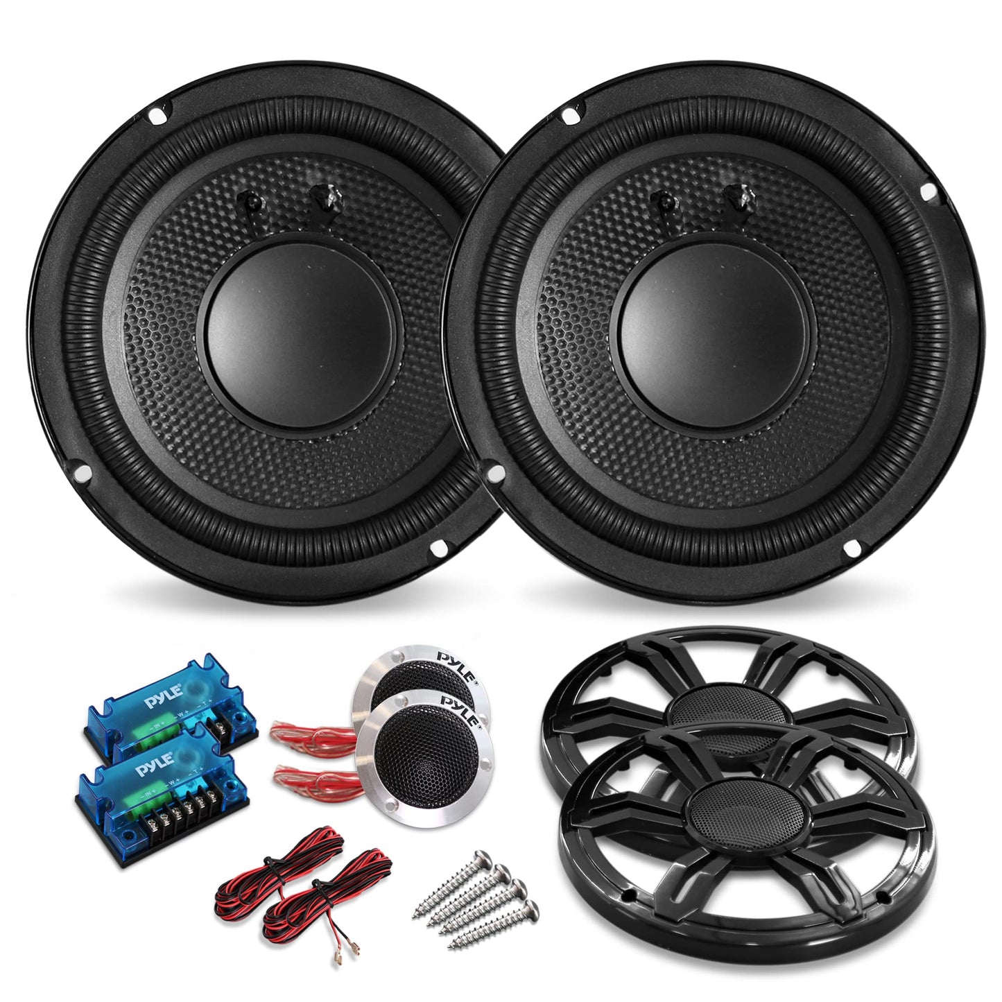 Pyle 6.5" Component Speakers for Car Audio - 2 Pair Kit Includes Pair of Crossover Networks and 1'' Aluminum Tweeters, Injection Cone with Rubber Edge - PLD63C