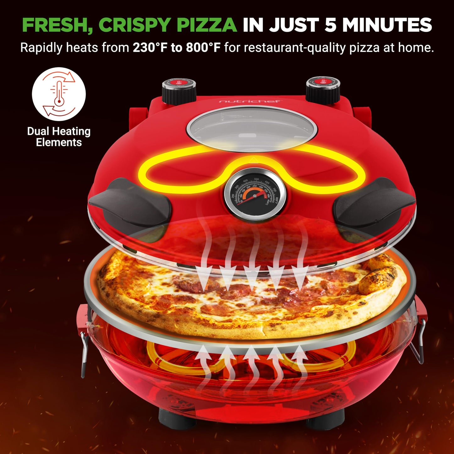 NutriChef Electric Pizza Oven | 12 Inch Countertop Pizza Maker with Temperature Control & Thermometer | Viewing Window for Precise Cooking | Heats up to 800F | Easy to Clean Non-Stick Stone | Red