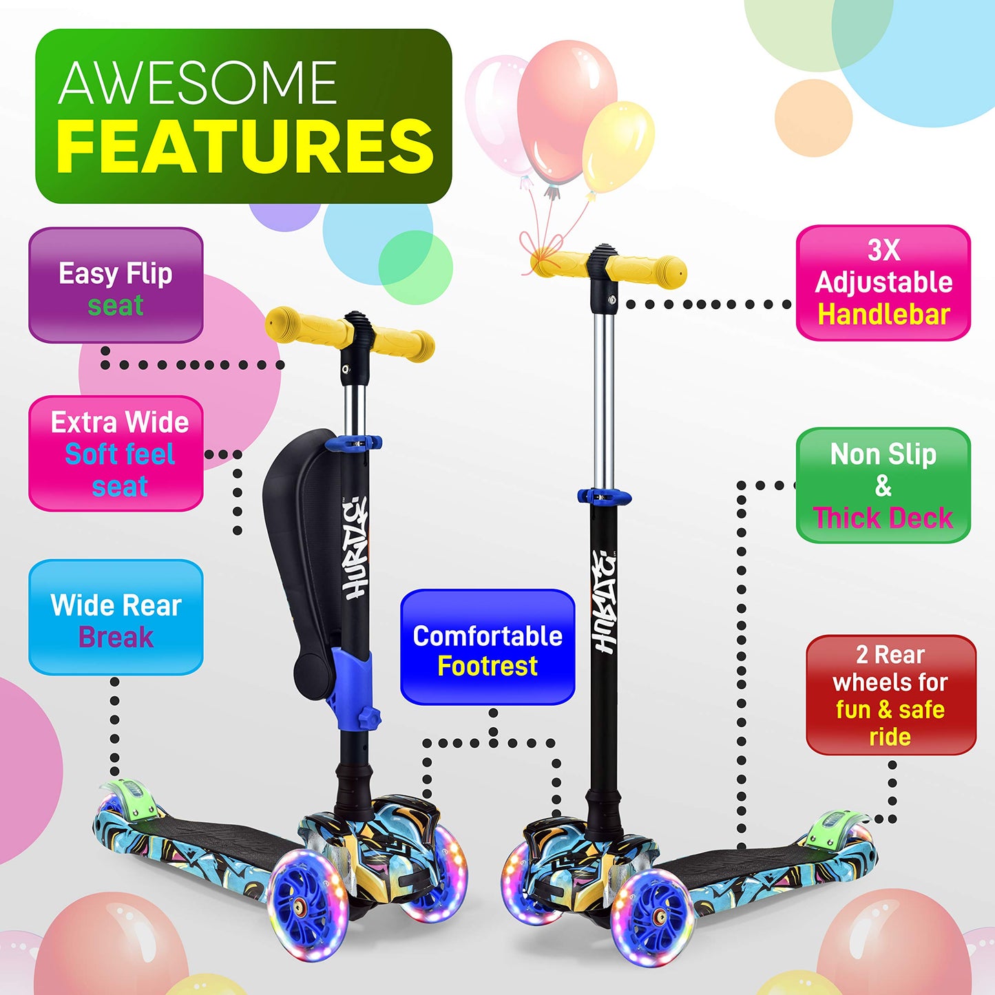 Hurtle ScootKid 3 Wheel Toddler Child Mini Ride On Toy Tricycle Scooter with Adjustable Handlebar, Foldable Seat, and Colorful LED Light Up Smooth Rolling Wheels, Graffiti