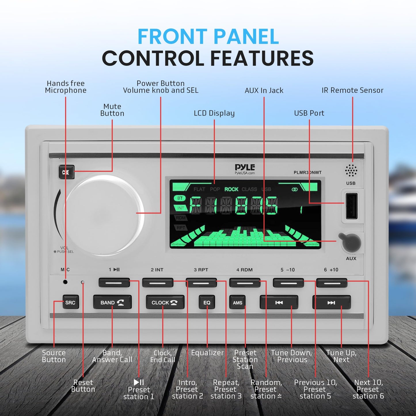 Pyle Boat Bluetooth Marine Stereo Receiver-Marine Head Unit Double DIN Stereo Receiver Power Amplifier&Speaker Kit-Hands-Free Calling,AM/FM/MP3/BT/USB/AUX-Remote,Speakers-Pyle PLMR3DNWT(White)