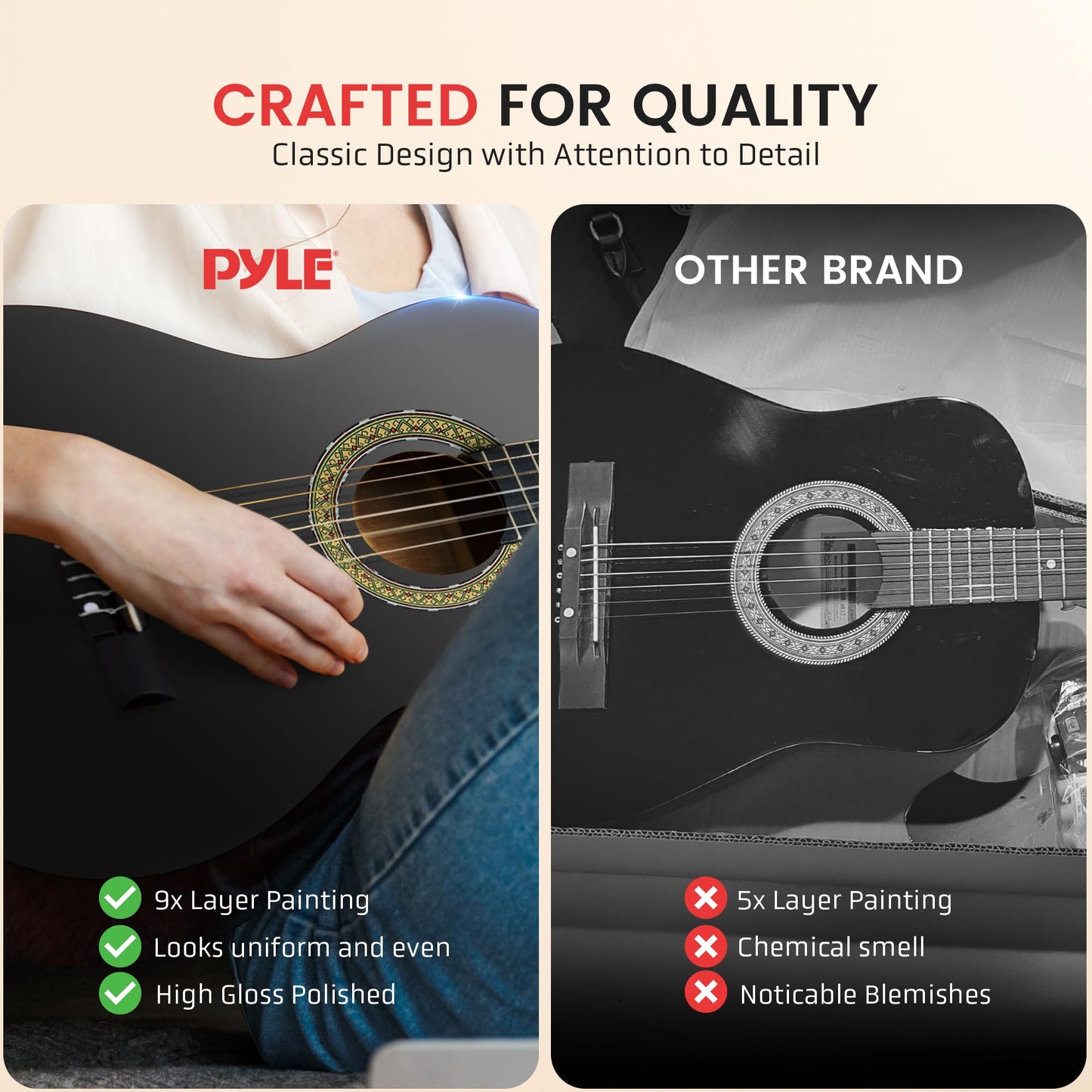 Pyle Beginner Acoustic Guitar Kit, 1/4 Junior Size All Wood Instrument for Adults, Kids, 30" Black Matte