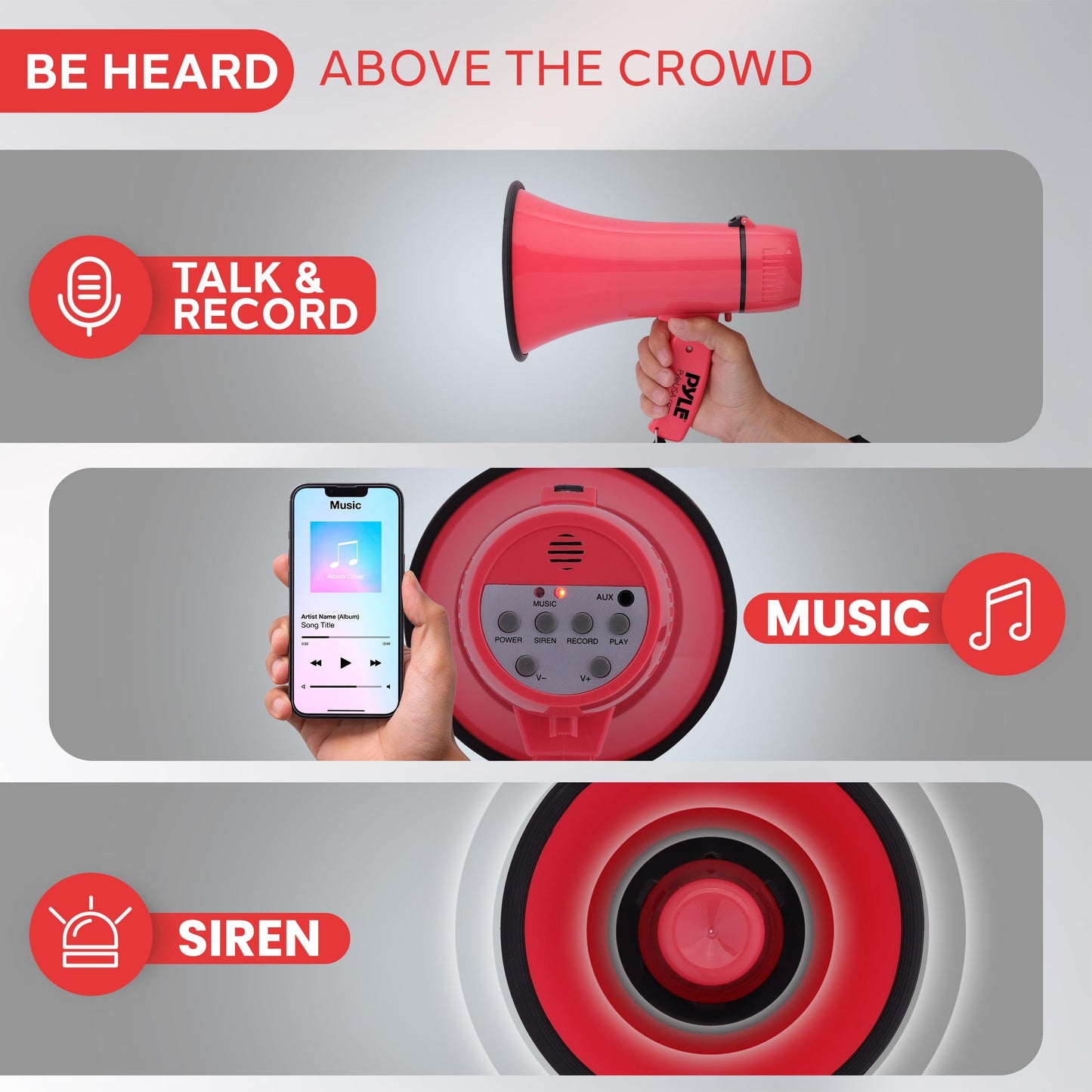 Pyle 20W Megaphone Bullhorn - Portable, Automatic Siren & Adjustable Volume,Projection Range Up to 400 Square Yards, Aux Input, Talk, Siren, Music, Whistle, & Record, Shoulder Strap (Red)