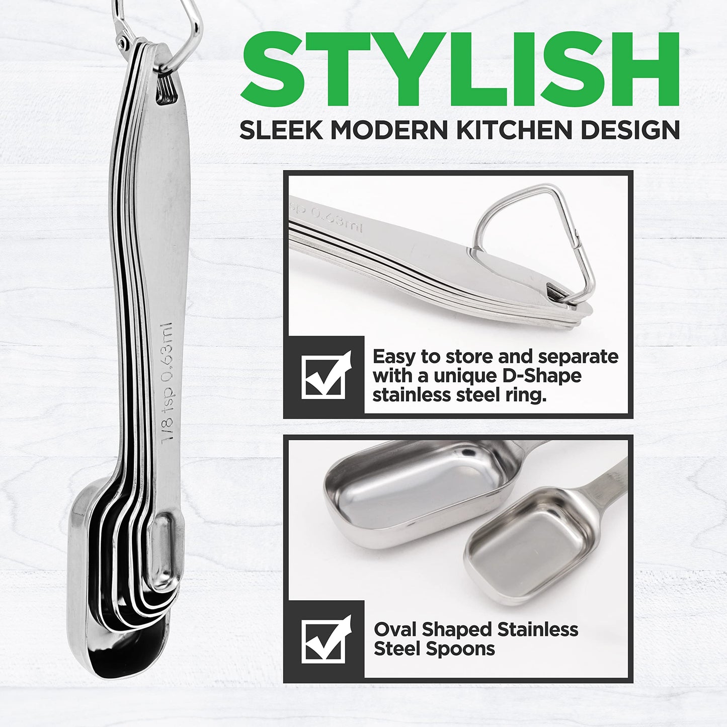 NutriChef Stainless Steel Measuring Spoons Set - 6Pc Heavy Duty Oval Shaped Metal Measuring Spoon for Dry or Liquid Ingredients, Teaspoon and Tablespoon Set w/ Metric & US Measurement - NCMMS6