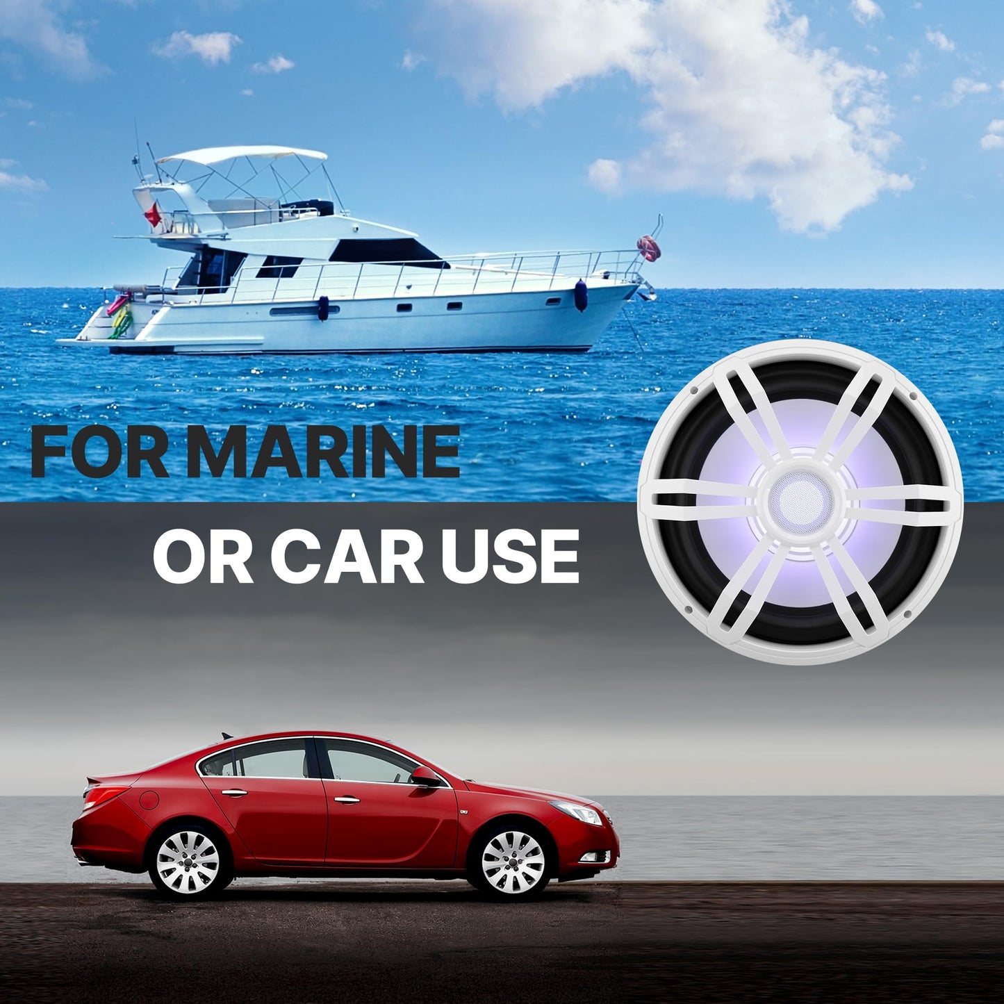 Pyle 12” Slim Marine Subwoofer - 500W 4 Ohm Waterproof Car Component Speaker System, Low Profile PP Cone w/ Rubber Edge, 50 Oz Magnet 2.5" Voice Coil, RGB Lights, For Boat Truck Mobile Vehicle (White)