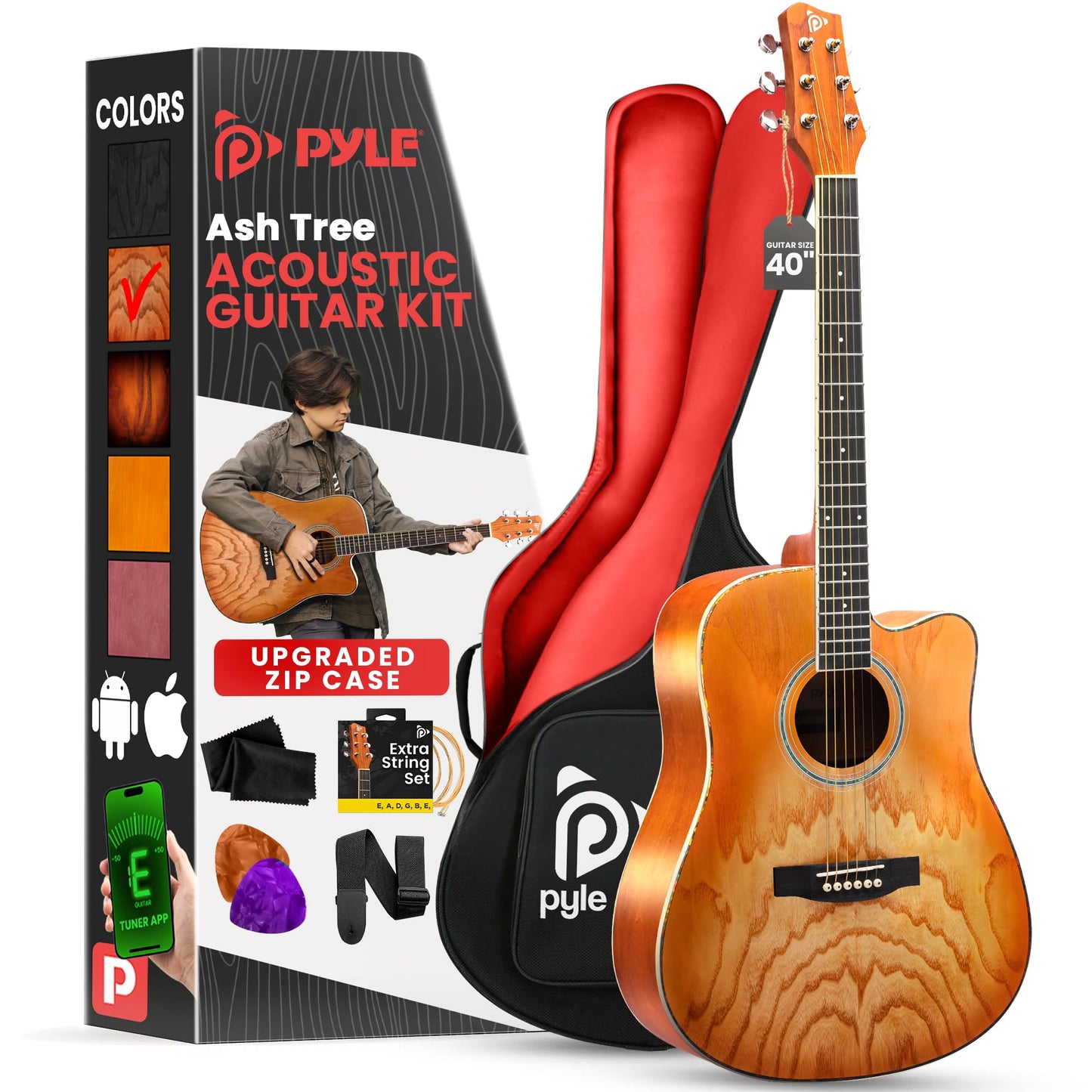 Pyle Steel String Acoustic Guitar Kit, 41" Full Size Cutaway with Ashtree Top, Open Pore Finish, Premium Accessory Set with Armored Gig Bag, Cherry Burst Matte