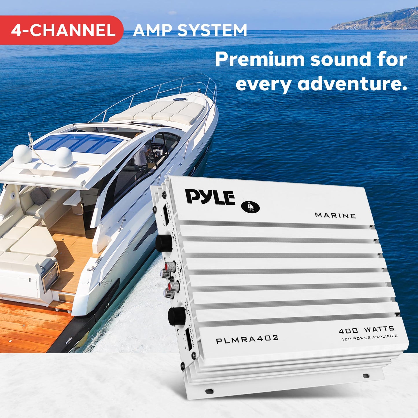 Pyle Hydra Marine 400W 4-Channel Amplifier - Waterproof with Dual MOSFET Power Supply - GAIN level Controls - RCA Input - LED Indicator - Compact Design for Boat/Vehicle Audio - PLMRA402