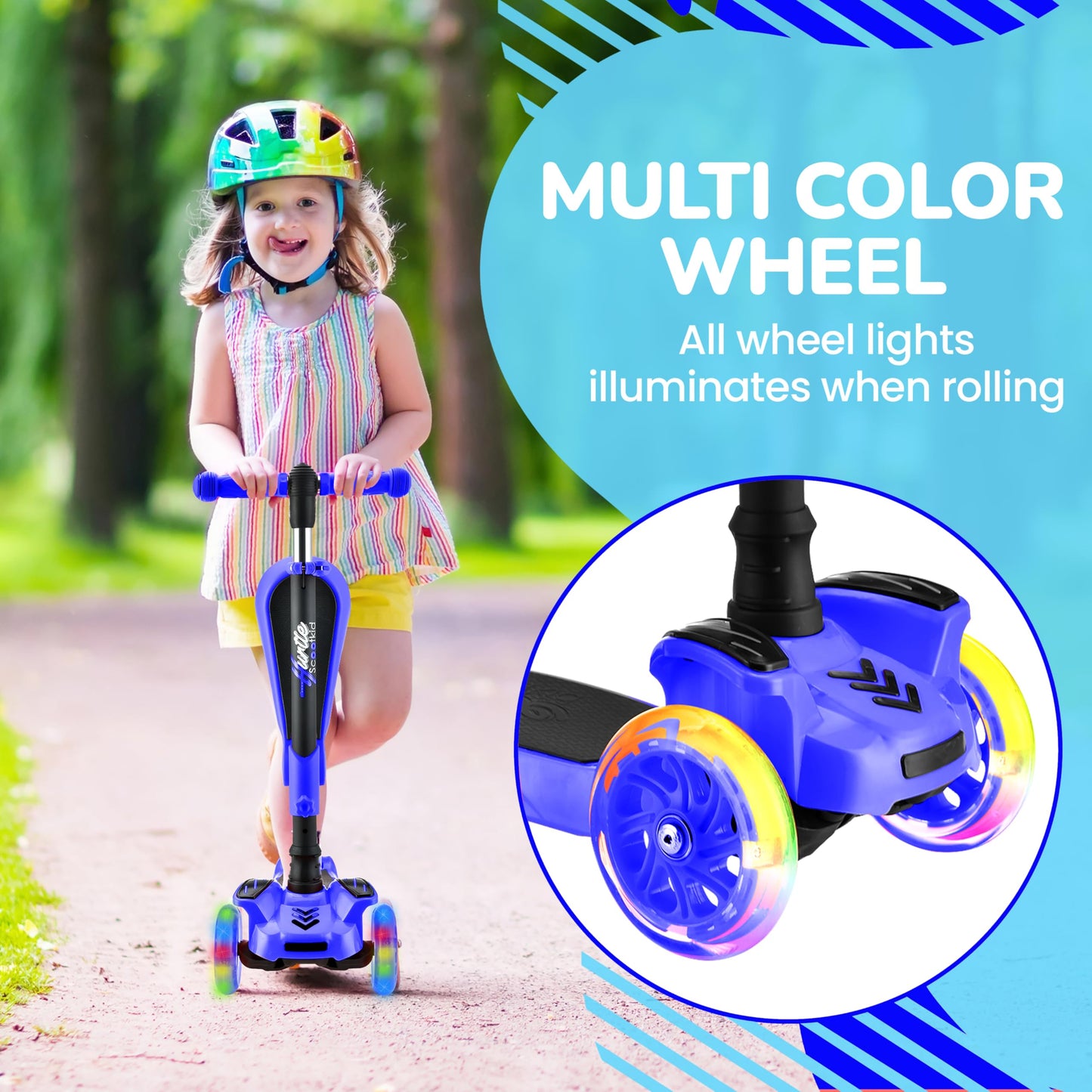 Hurtle 3-Wheeled Scooter for Kids - Wheel LED Lights, Adjustable Lean-to-Steer Handlebar, and Foldable Seat - Sit or Stand Ride with Brake for Boys and Girls Ages 1-14 Years Old - Blue