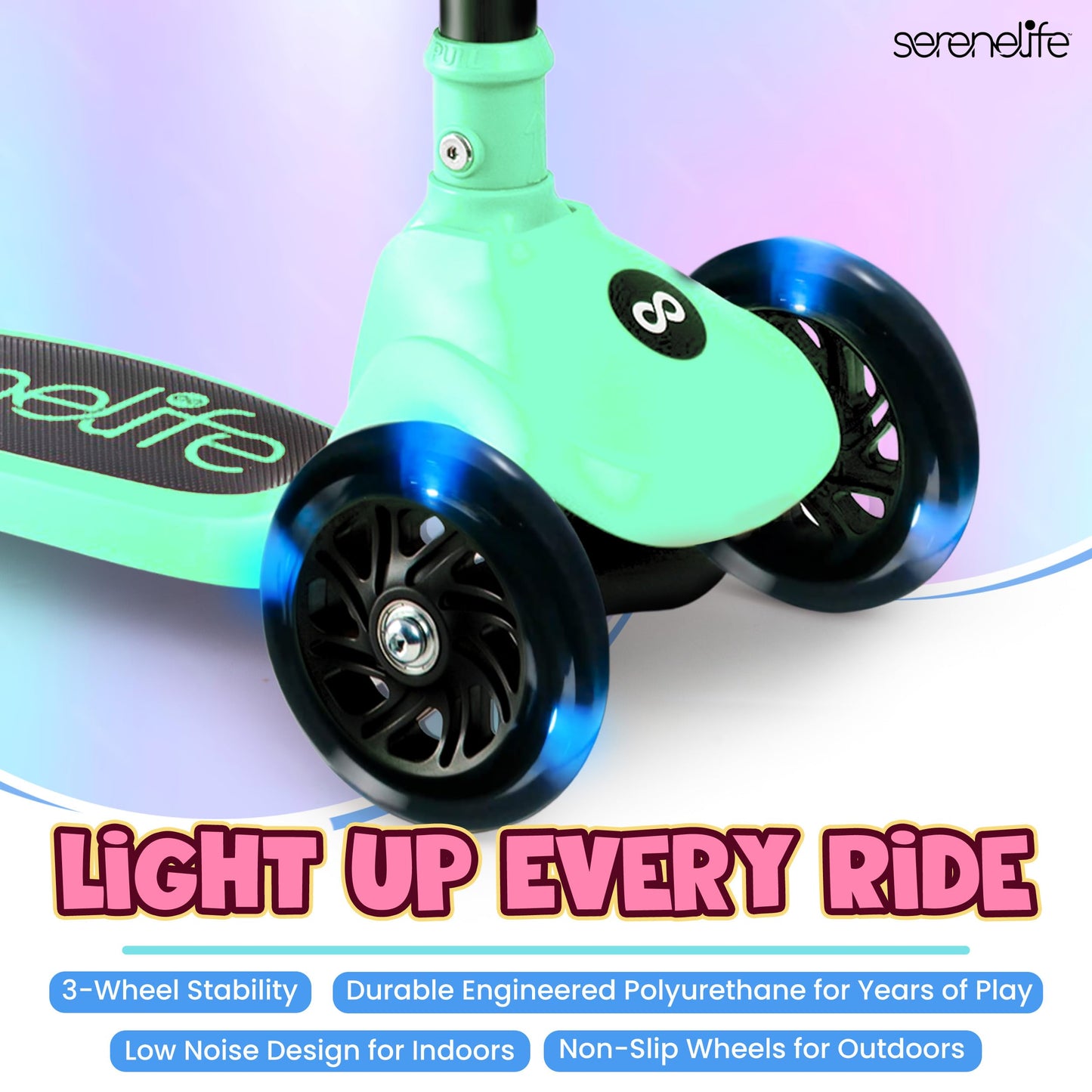 SereneLife 3 Wheel Foldable Kids Scooter - Foldable Seat, LED Wheel Lights, Adjustable Handlebar, Rear Foot Brake, Lean-to-Steer, Anti-Slip Deck, Ideal for Toddlers Kids 3+, up to 110Lbs, Mint Green