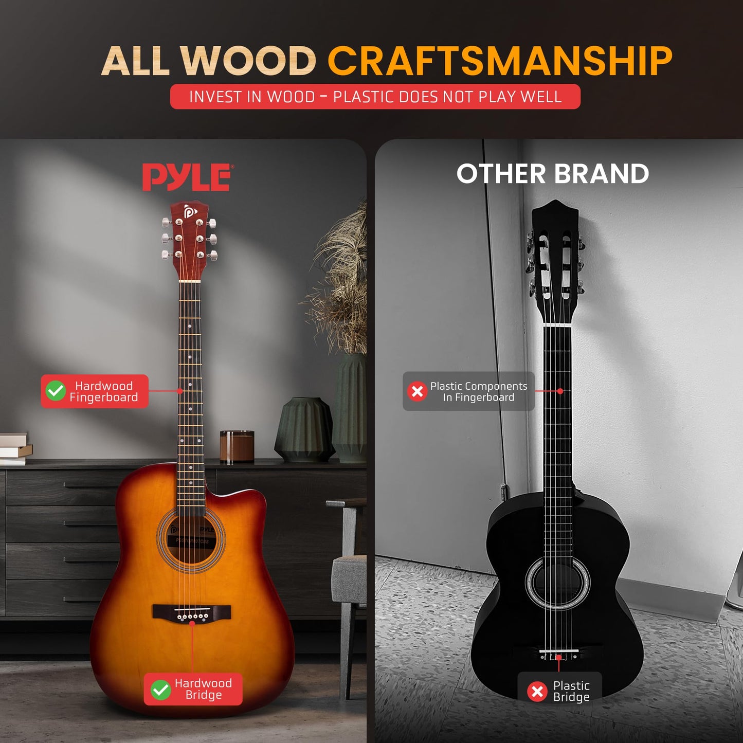 Pyle Steel String Acoustic Guitar Kit, 4/4 Full Size Cutaway All-Wood Guitarra Acustica with Premium Accessory Set and Upgraded Gig Bag, 41" Cherry Burst Glossy