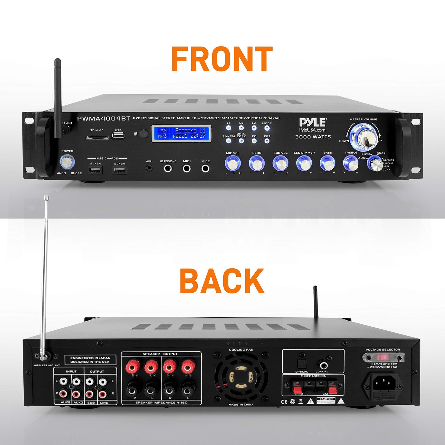 Pyle Bluetooth Multi-Channel Hybrid Pre-Amplifier System - 3000W Home Audio Rack Mount Stereo Power Amplifier Receiver w/ Radio, USB, UHF, Dual Wireless Karaoke mic, Speaker Sound System - PWMA4004BT
