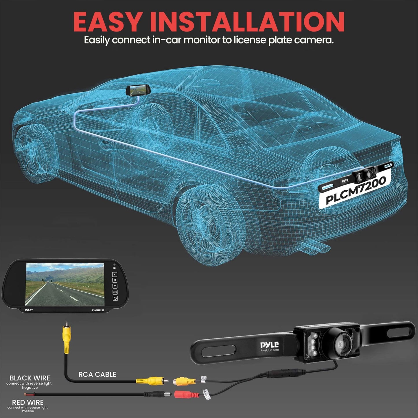 PYLE BACKUP CAR CAMERA, 7" LCD DISPLAY, NIGHT VISION, WATERPROOF, DISTANCE SCALE LINES - COMPLETE SYSTEM WITH ALL NECESSARY CABLES AND WIRING, LICENSE PLATE MOUNTABLE, AUTO SWITCH PAL/NTSC