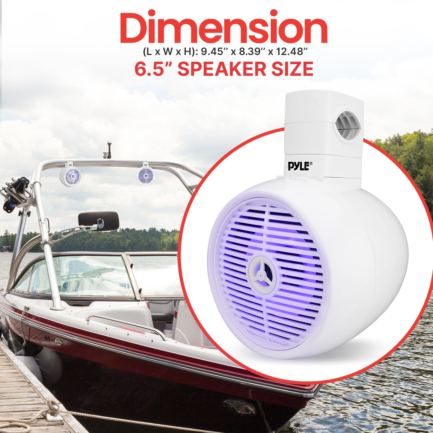 PyleUsa 6.5” Waterproof Off-Road Speakers - 200W 2-Way Marine Wakeboard Tower Sound System w/ LED Light, Full Range Outdoor Stereo Speaker for Car, ATV, UTV, Jeep, Boat, Includes Brackets (White)