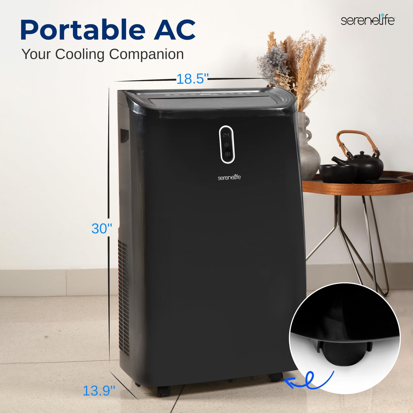 SereneLife SLPAC242B Portable Air Conditioner-12000 BTU Capacity (ASHRAE) Compact Home A/C Cooling Unit with Built-in Dehumidifier & Fan Modes, Includes Window Mount Kit (Black), Stadard