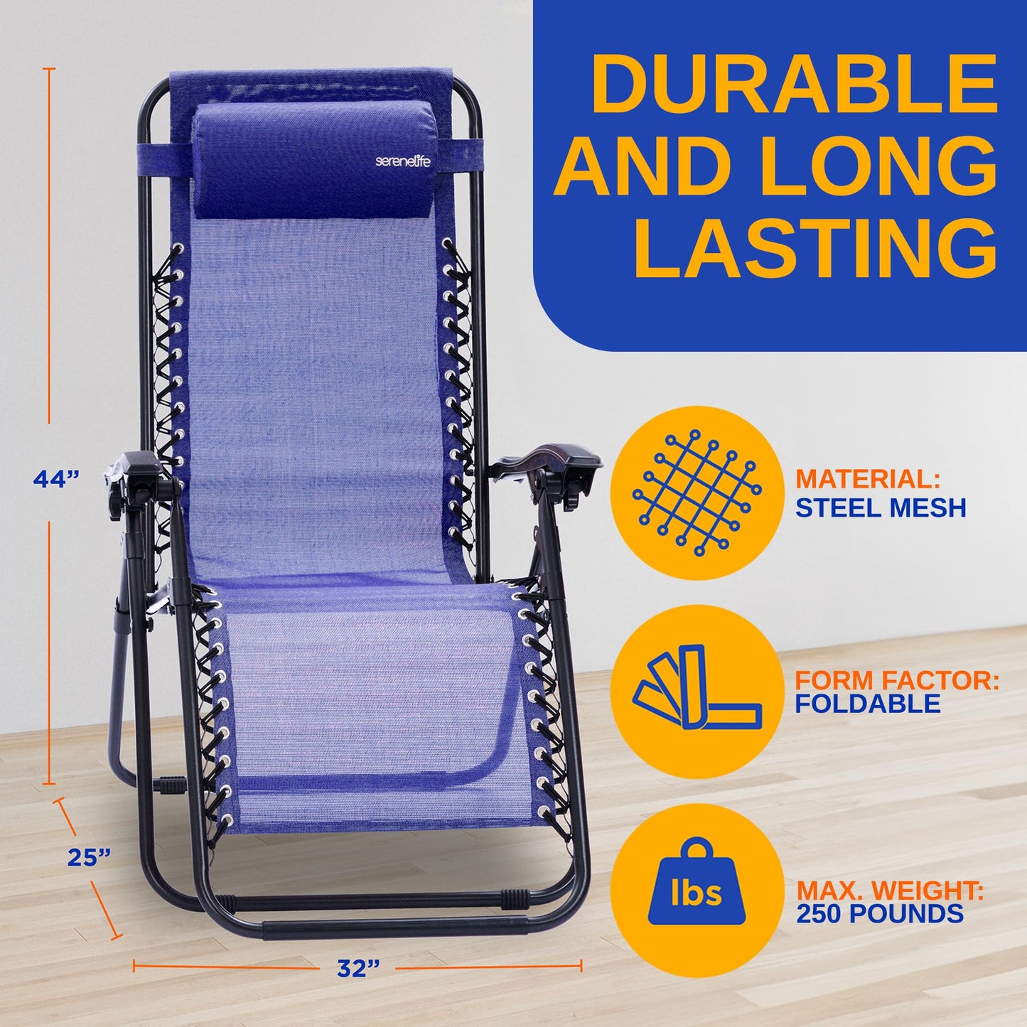 SereneLife Zero Gravity Chairs Set of 2 - Adjustable Outdoor Lounge Chairs with Side Table, Cup Holders, Removable Pillows, Folding Portable Camping Chairs for Patio, Backyard, Beach - Blue